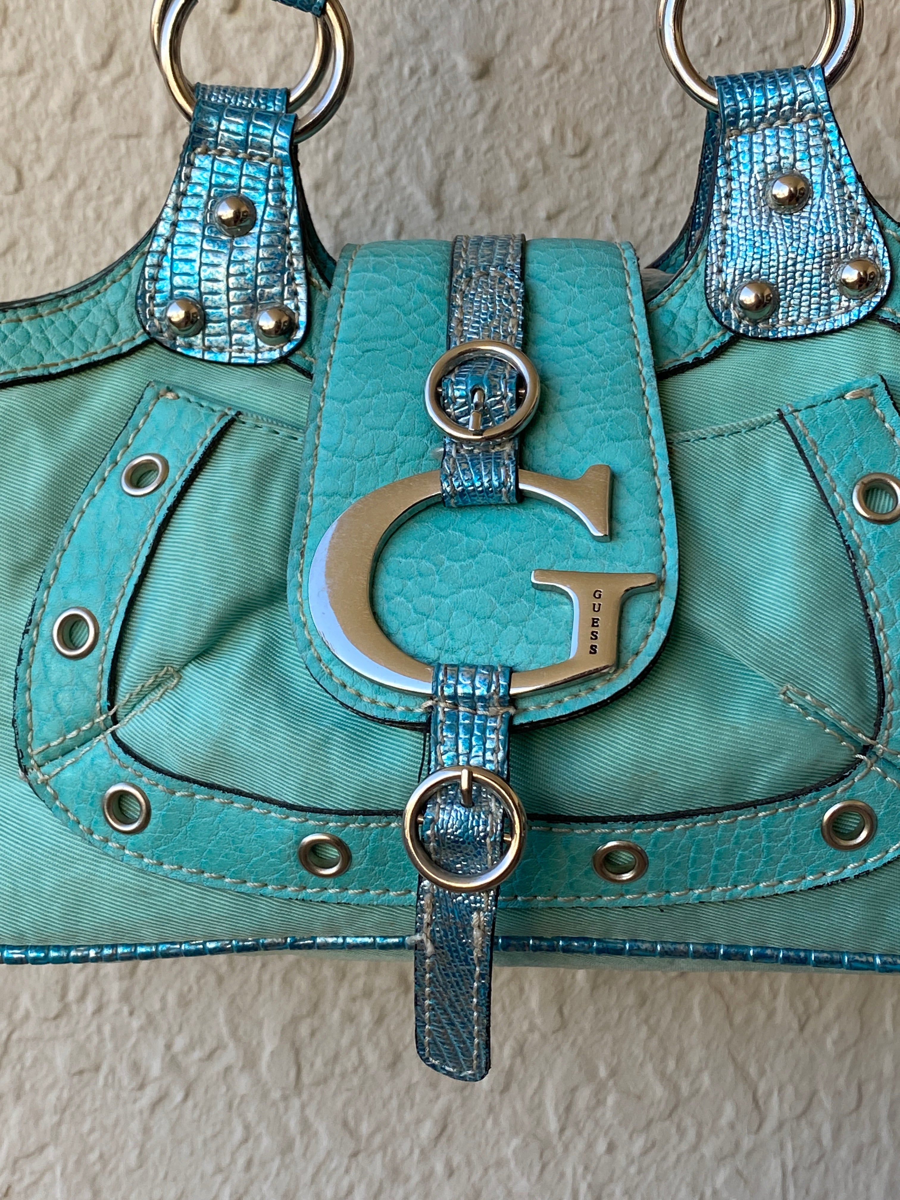 Vintage Y2K Guess Turquoise Satchel Bag with Logo G Hardware & Studded Trim Purse