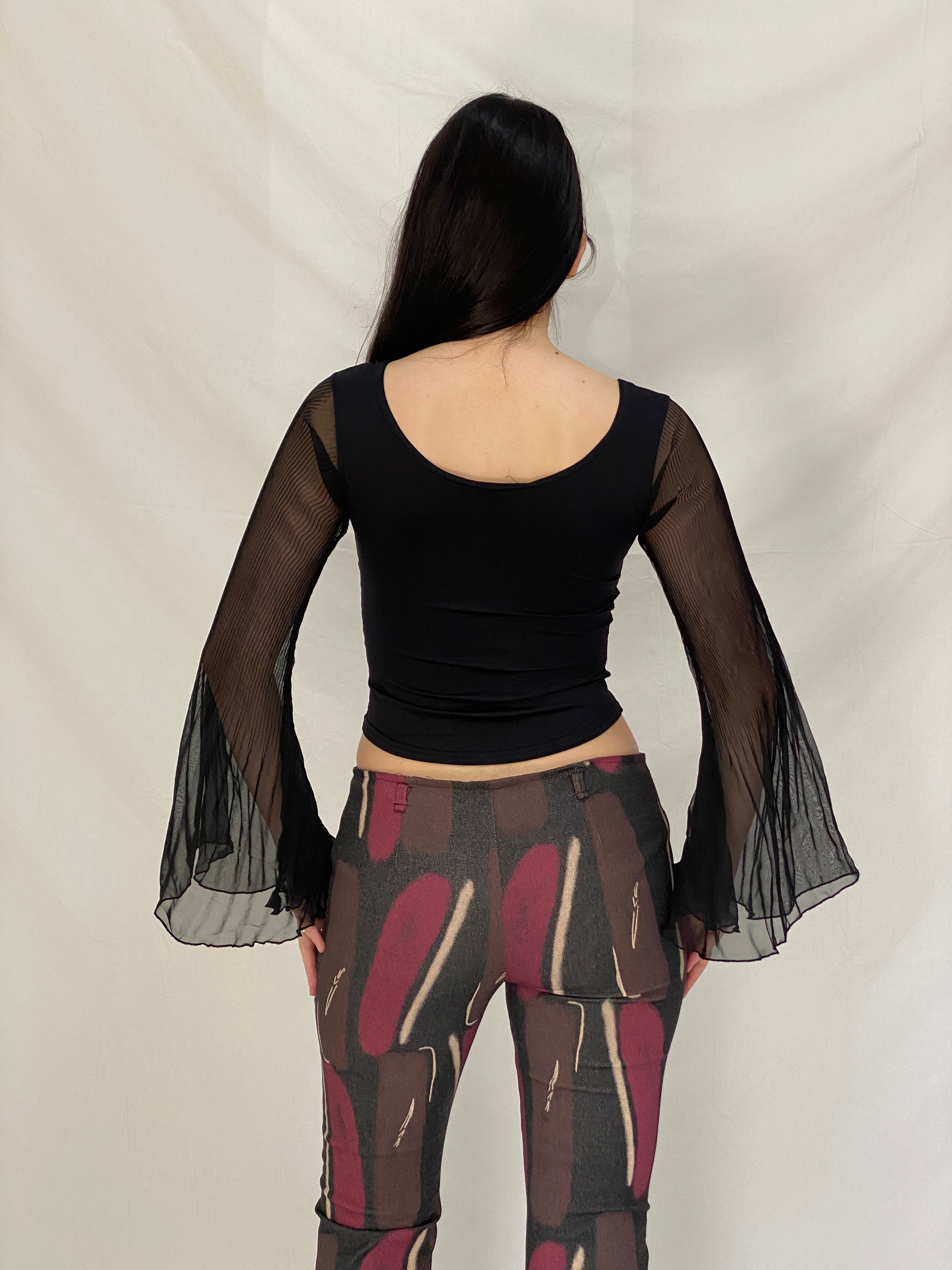 Vintage Y2K Xanaka Black Sheer Bell Long Sleeve Whimsy Goth Top – S