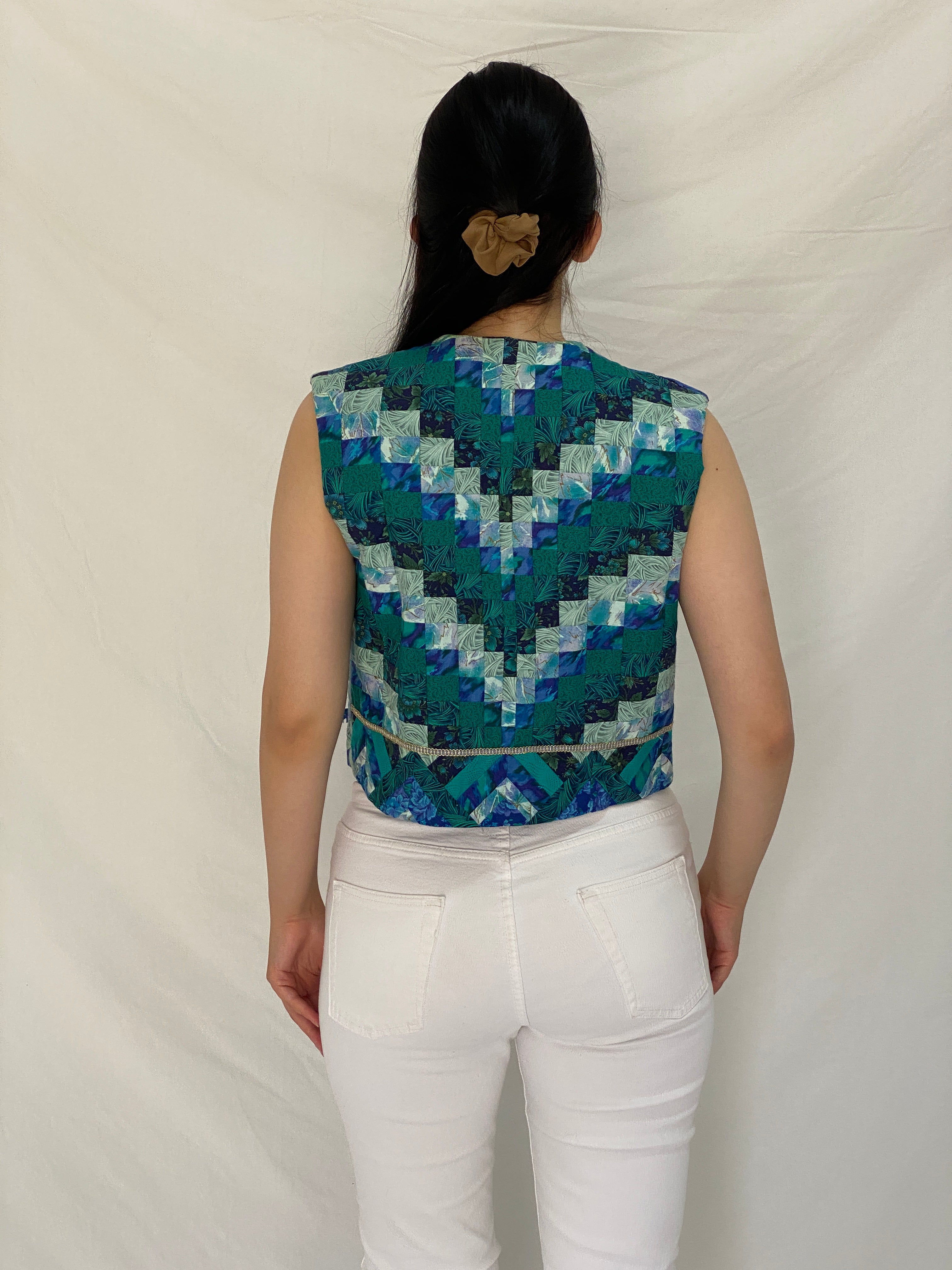 Vintage Handmade Blue & Green Quilted Patchwork Artisan Vest – M