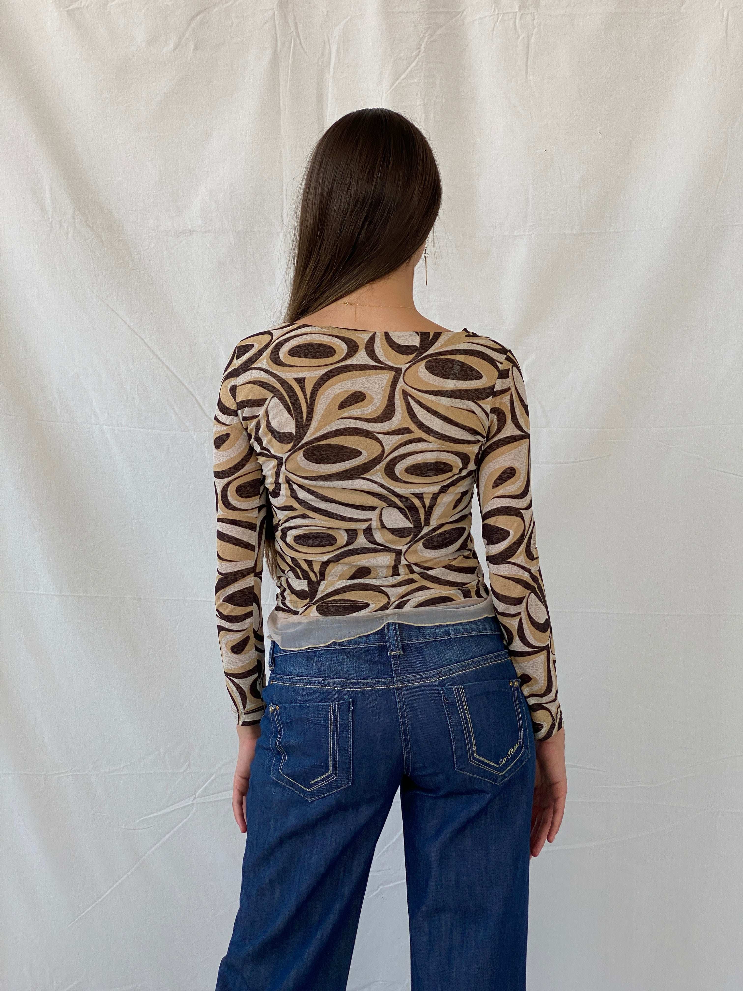 Vintage Y2K Groovy Print Full Sleeve Mesh Top - S