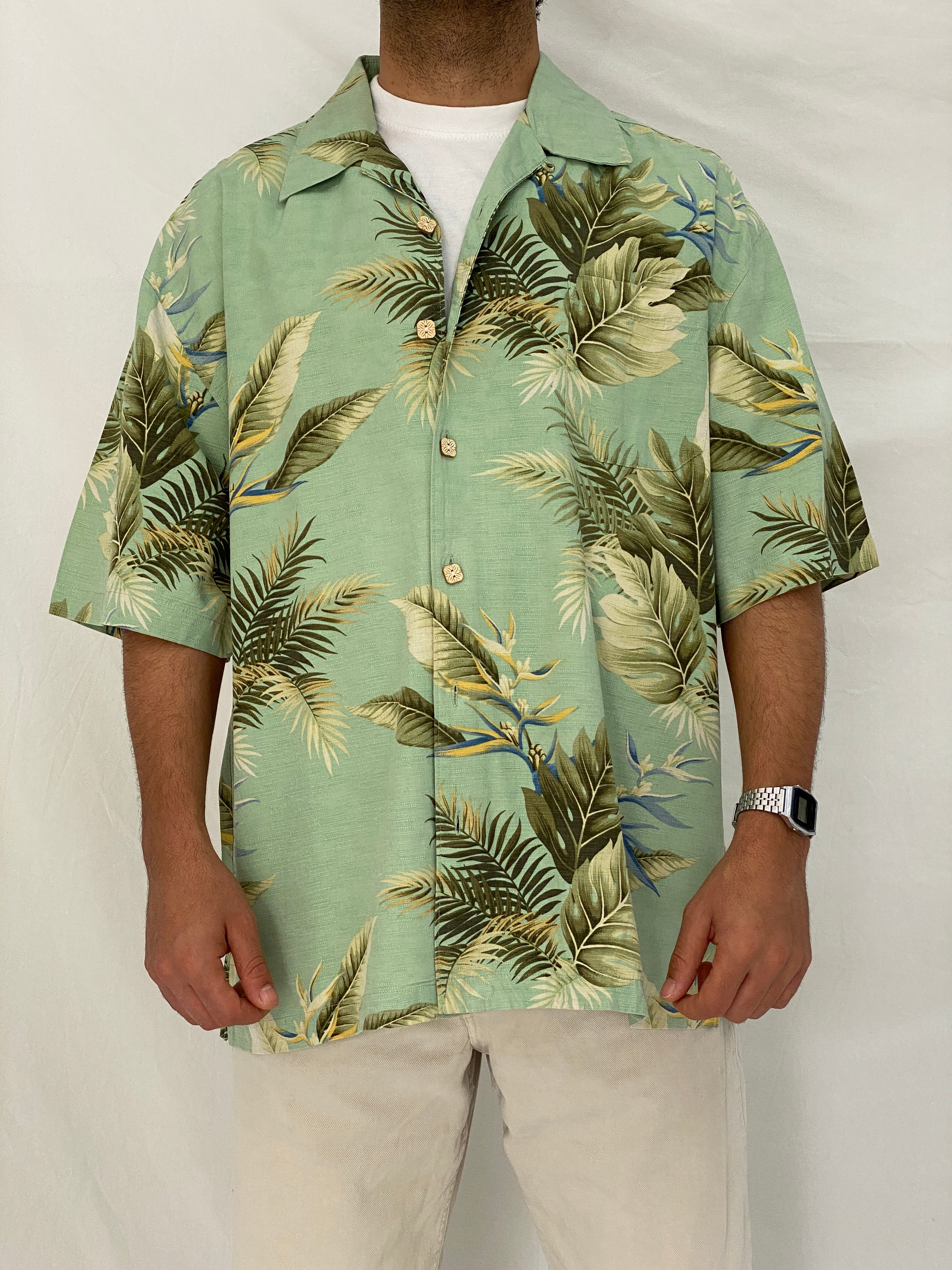 Vintage Jamaica Jaxx Tropical Leaf Silk Mint Green Hawaiian Shirt – XL