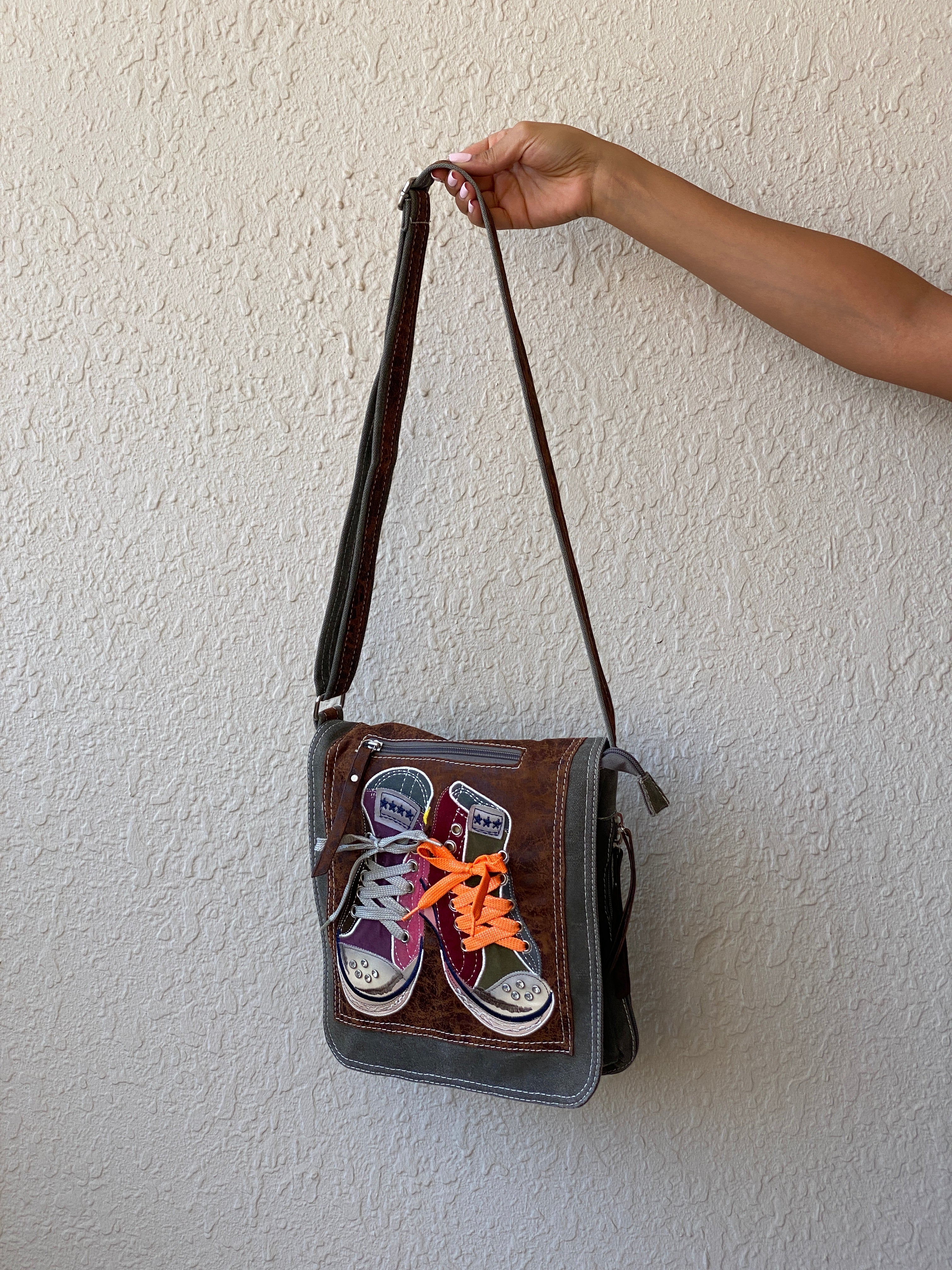 Y2K Grey Denim Faux Leather Sneaker Appliqué Crossbody Bag