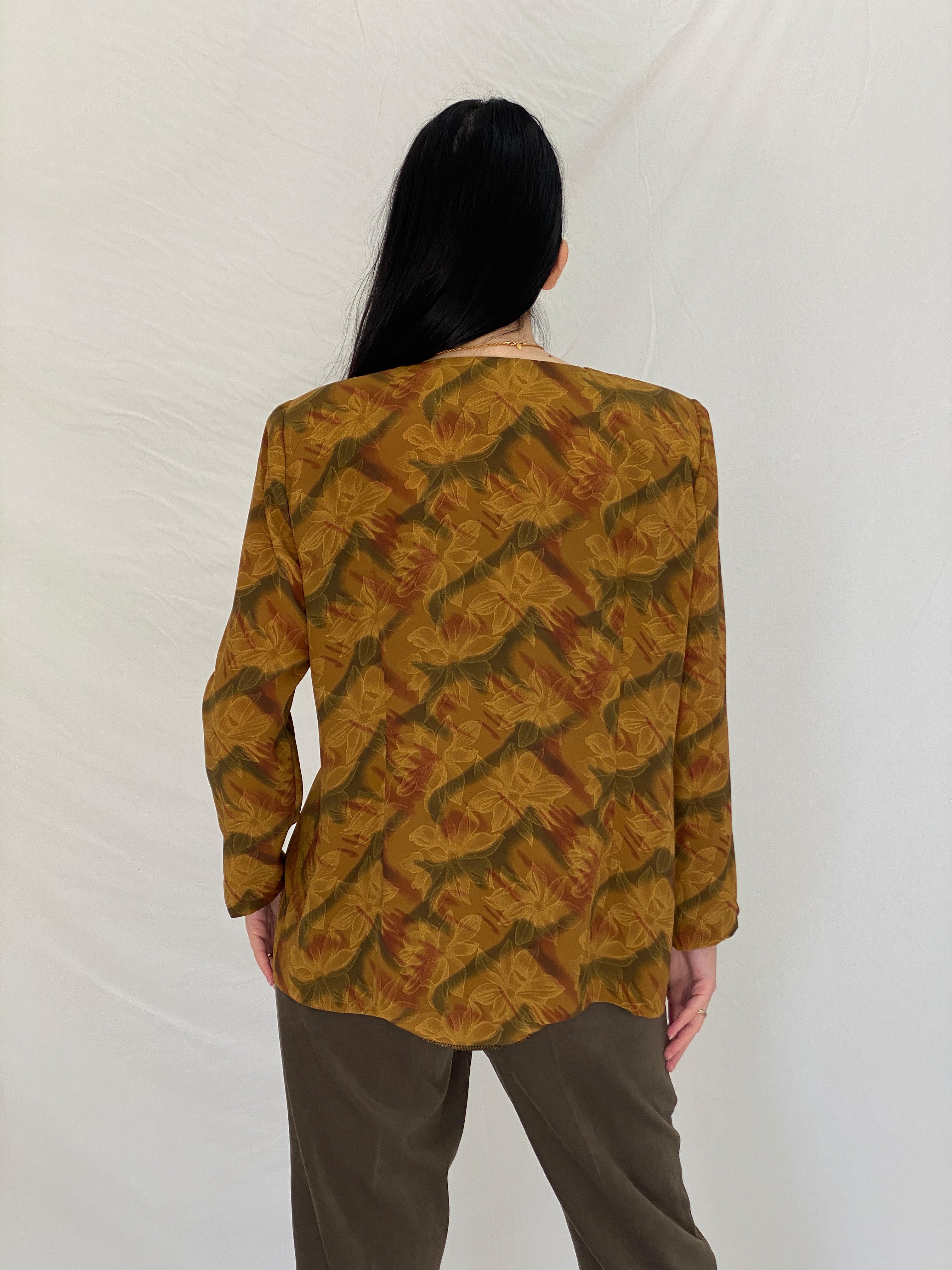 Vintage Handmade Floral Autumn Blouse Brown Mustard Button Front Long Sleeve Shirt - M