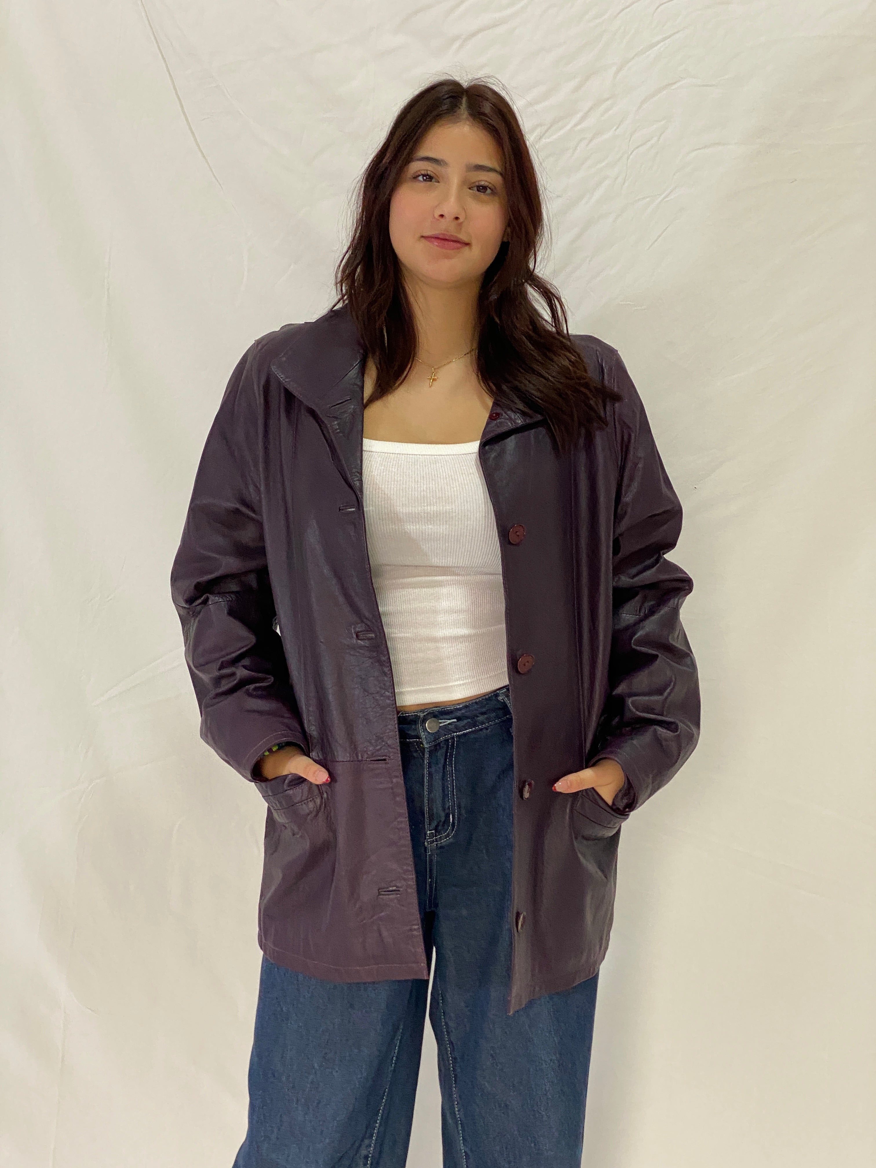 Vintage PER ME Purple Genuine Leather Jacket Italian Tailored Button-Up Leather Coat - L