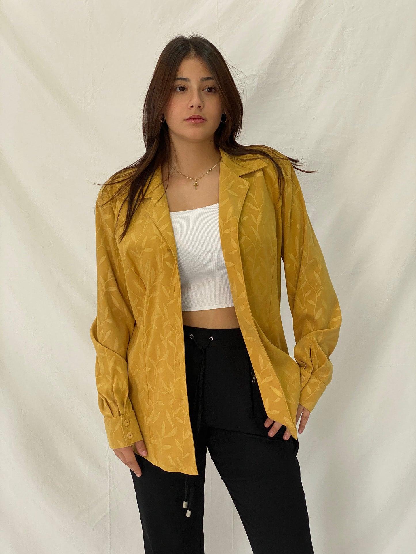 Vintage Vunic Mustard Yellow Leaf Print Blouse Long Sleeve Button Up Golden Hour Style Shirt - XL