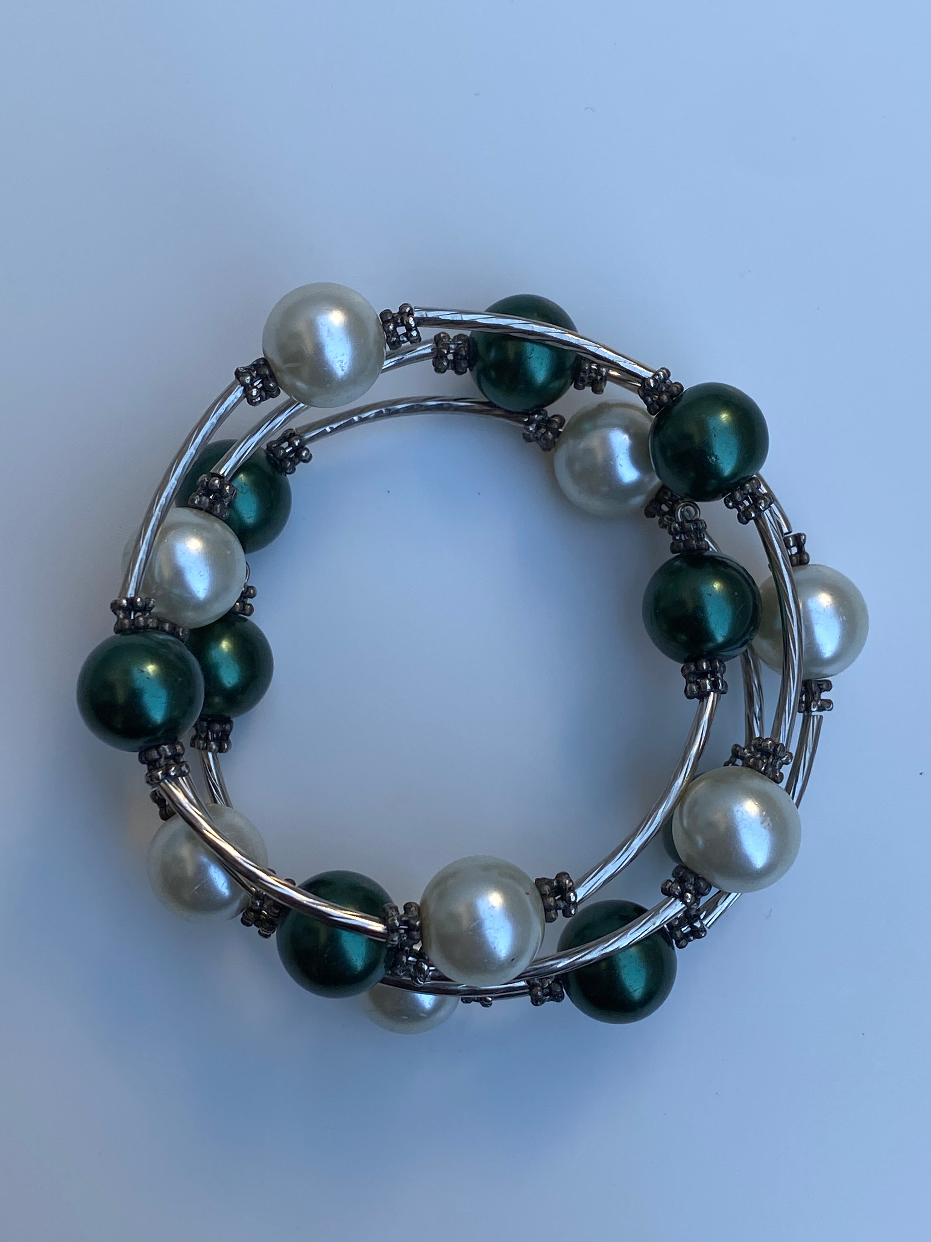 Vintage Silver-Tone Green & Ivory Faux Pearl Wire Wrap Multi-Strand Bracelet
