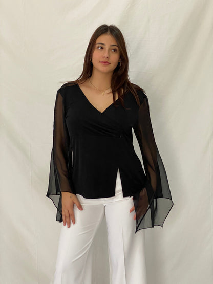 Vintage DORCA Black Sheer Beaded Bell Sleeve Top Blouse - L