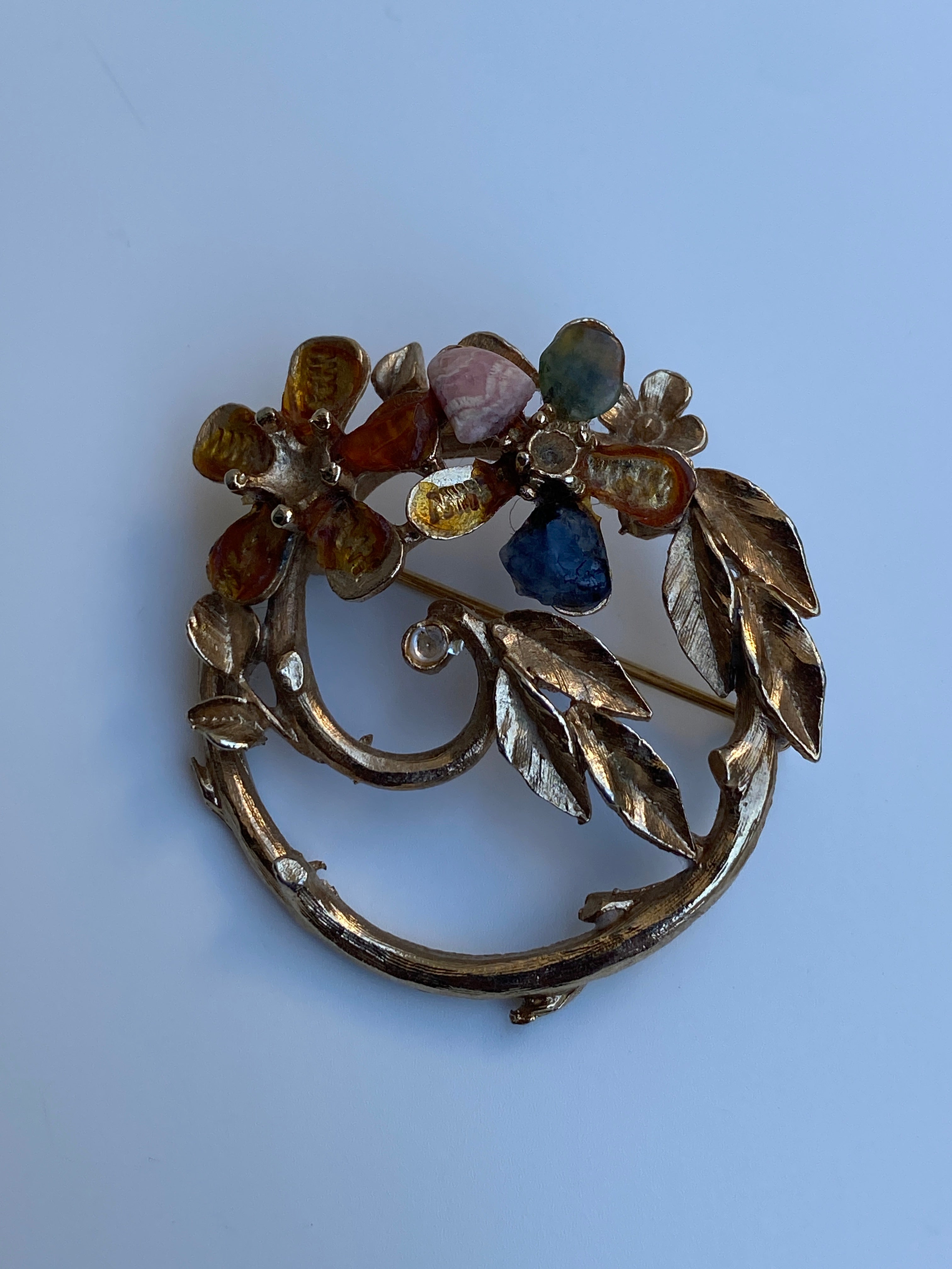 Vintage Capri Gold Floral Wreath Brooch with Multicolor Cabochons
