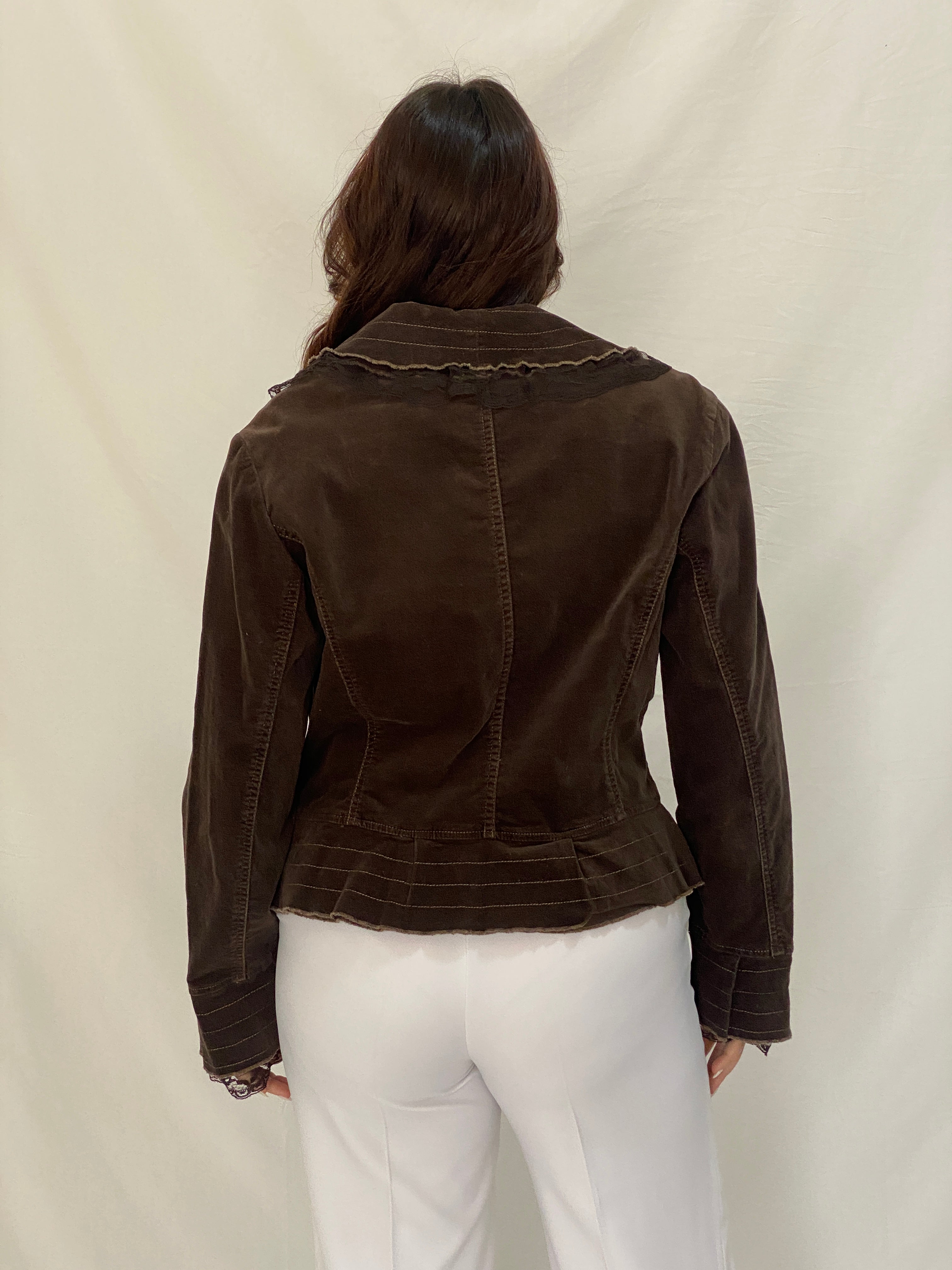 Vintage Tence Brown Blazer Ruffle Trim & Lace Cuff Victorian Style Jacket - L