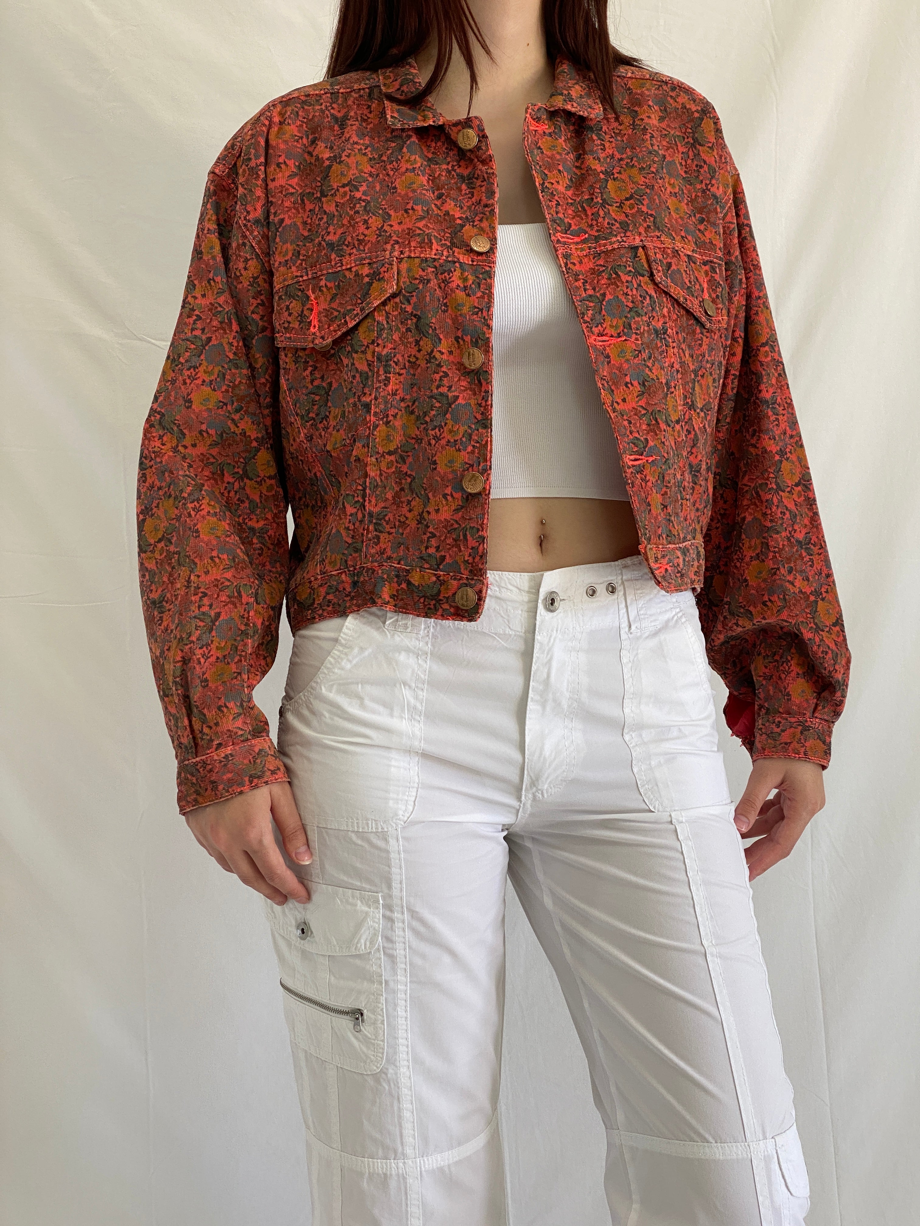 Vintage 90s Rita Marlow Cropped Oversized Floral Denim Jacket - L