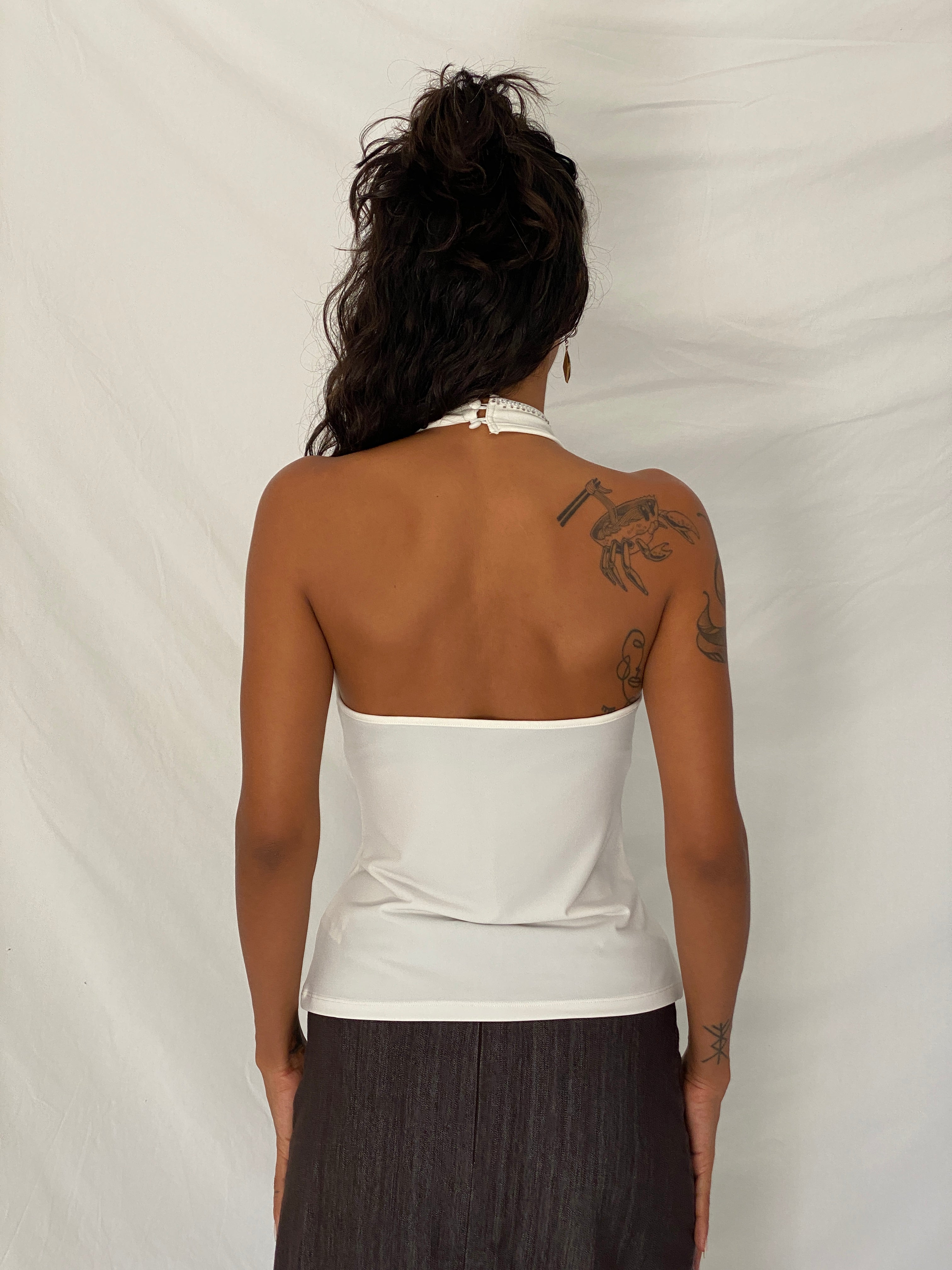 Y2K Next White Satin Rhinestone Beaded Halter Top - M