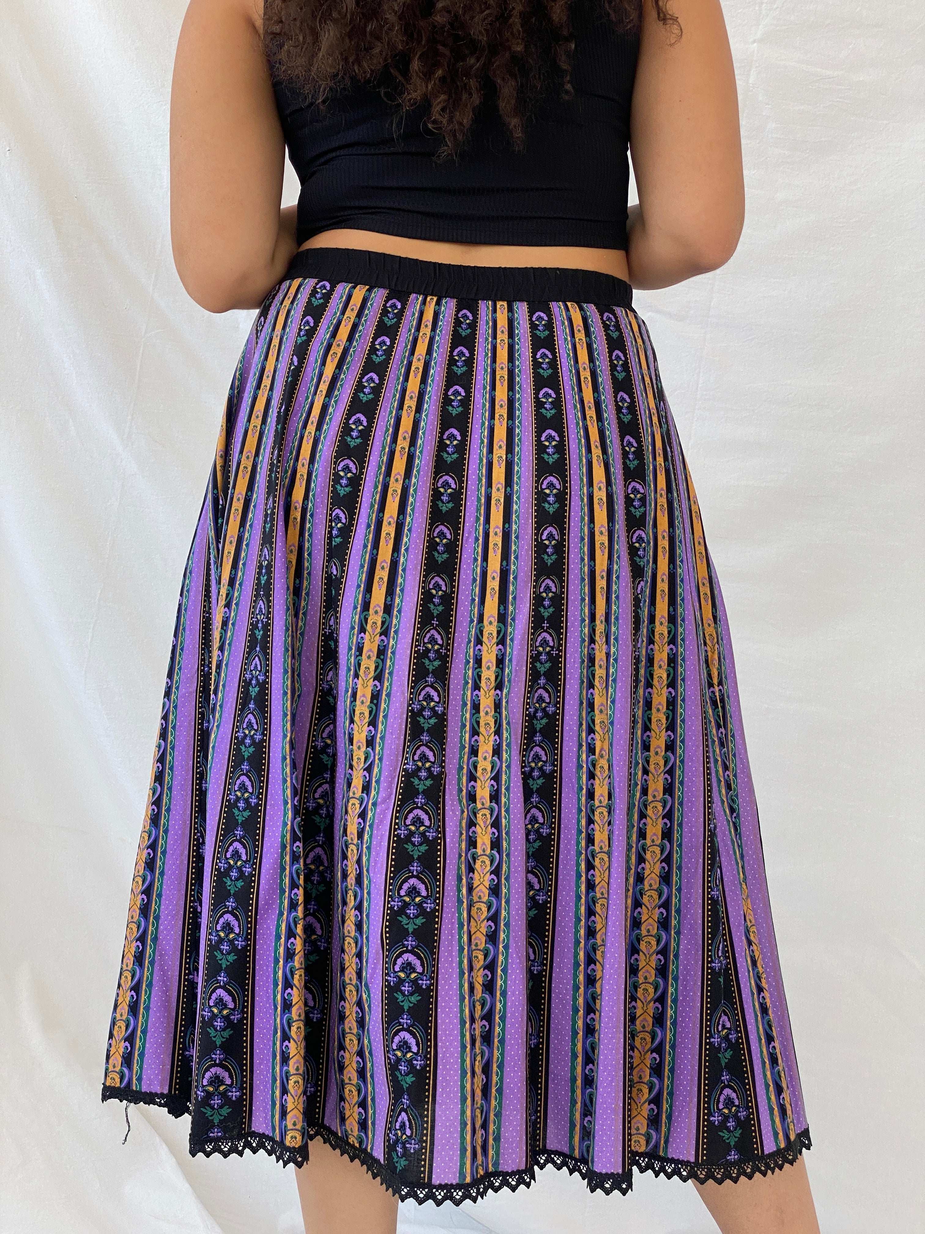 Vintage Angelika Moden Striped German-Folk Black and Purple Midi Cotton Skirt - L - Balagan Vintage Midi Skirt 00s, 90s, Dina, floral skirt, midi skirt, NEW IN, women skirt