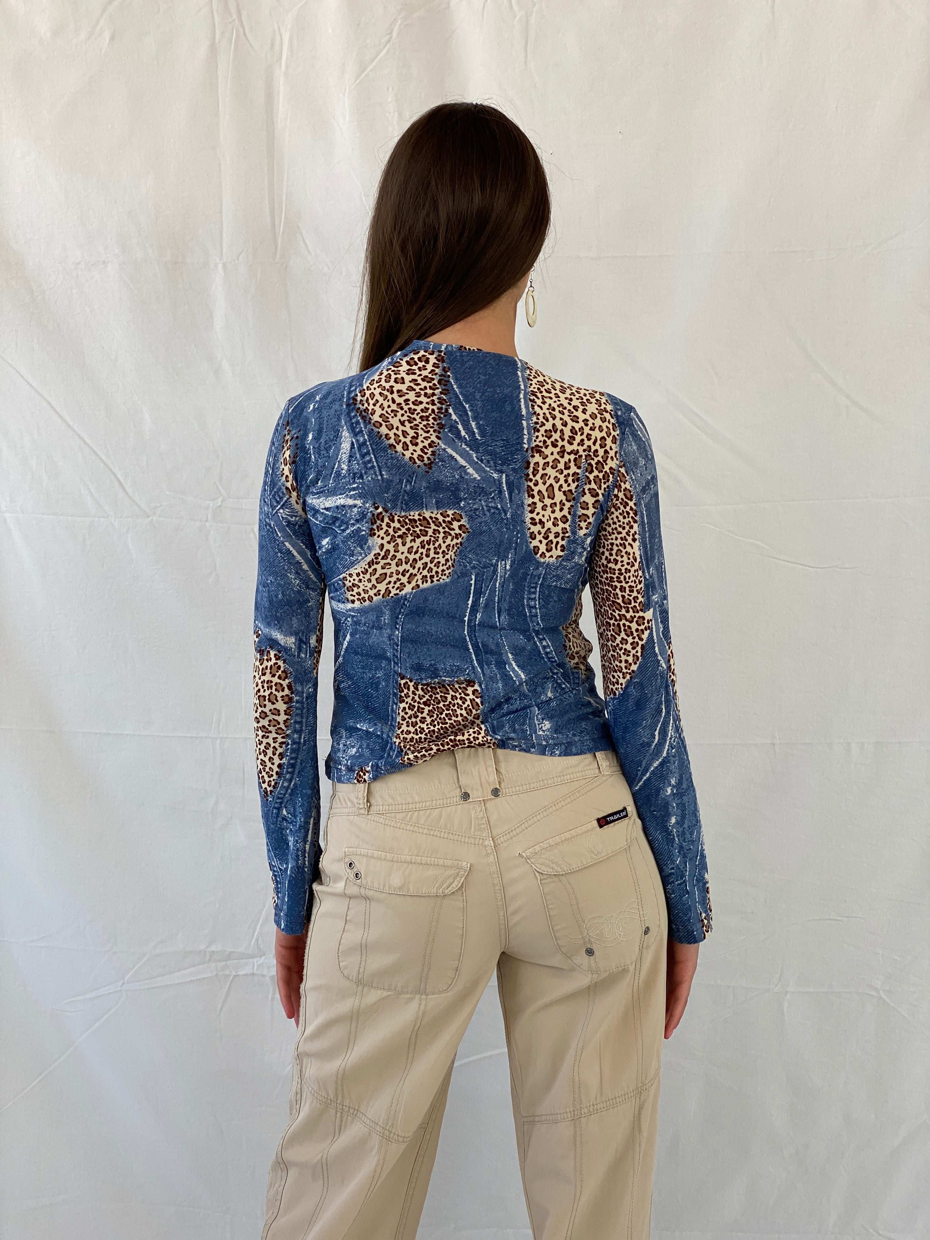 Vintage Denim and Animal Print Long Sleeve Top - S