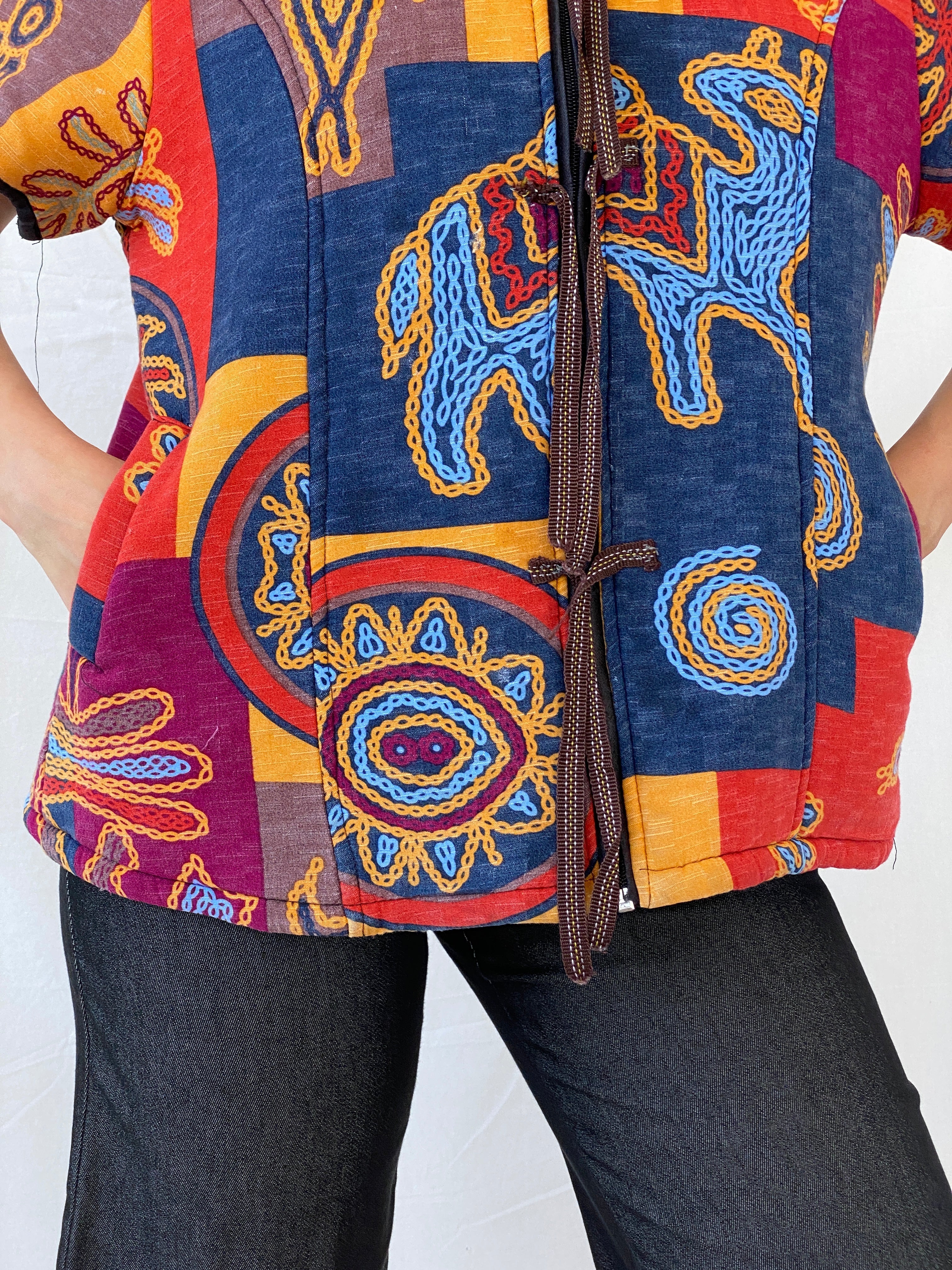 Quilted Japanese Bolero Kimono Ethnic Tribal Multicolor Jacket - L