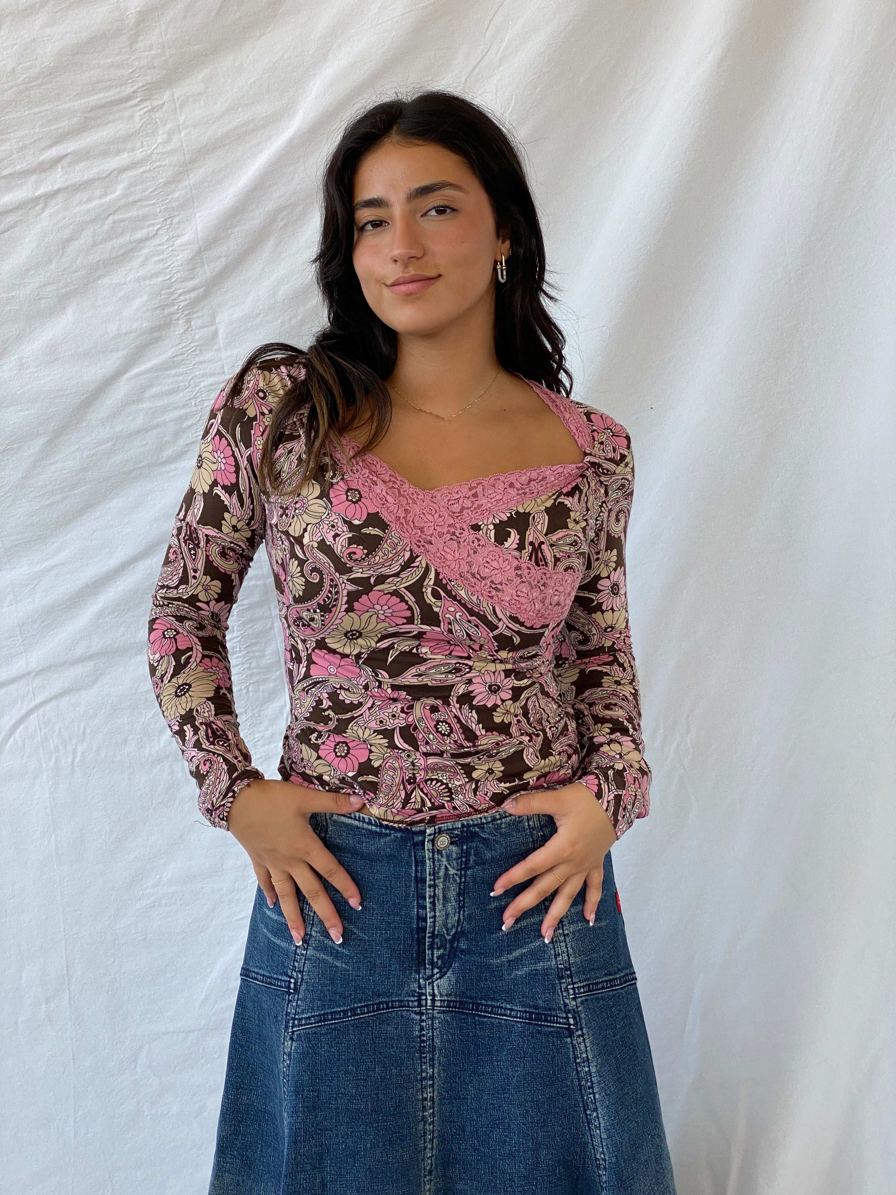 Vintage KIKI RIKI Brown and Pink Long Sleeve Floral Top - M