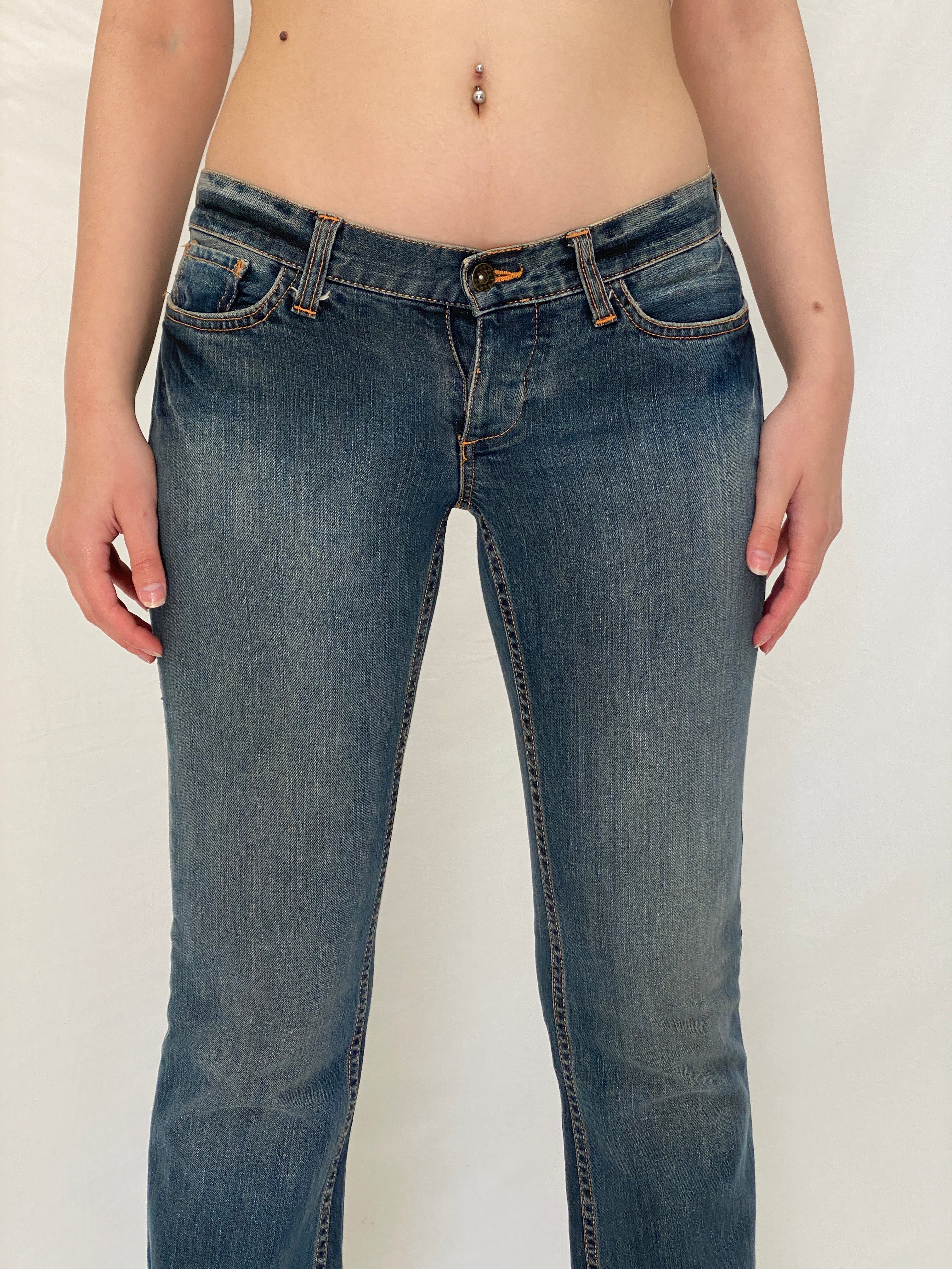 Vintage Y2K Vans Low Rise Flare Jeans Blue Embroidered Pocket Denim - 38EUR