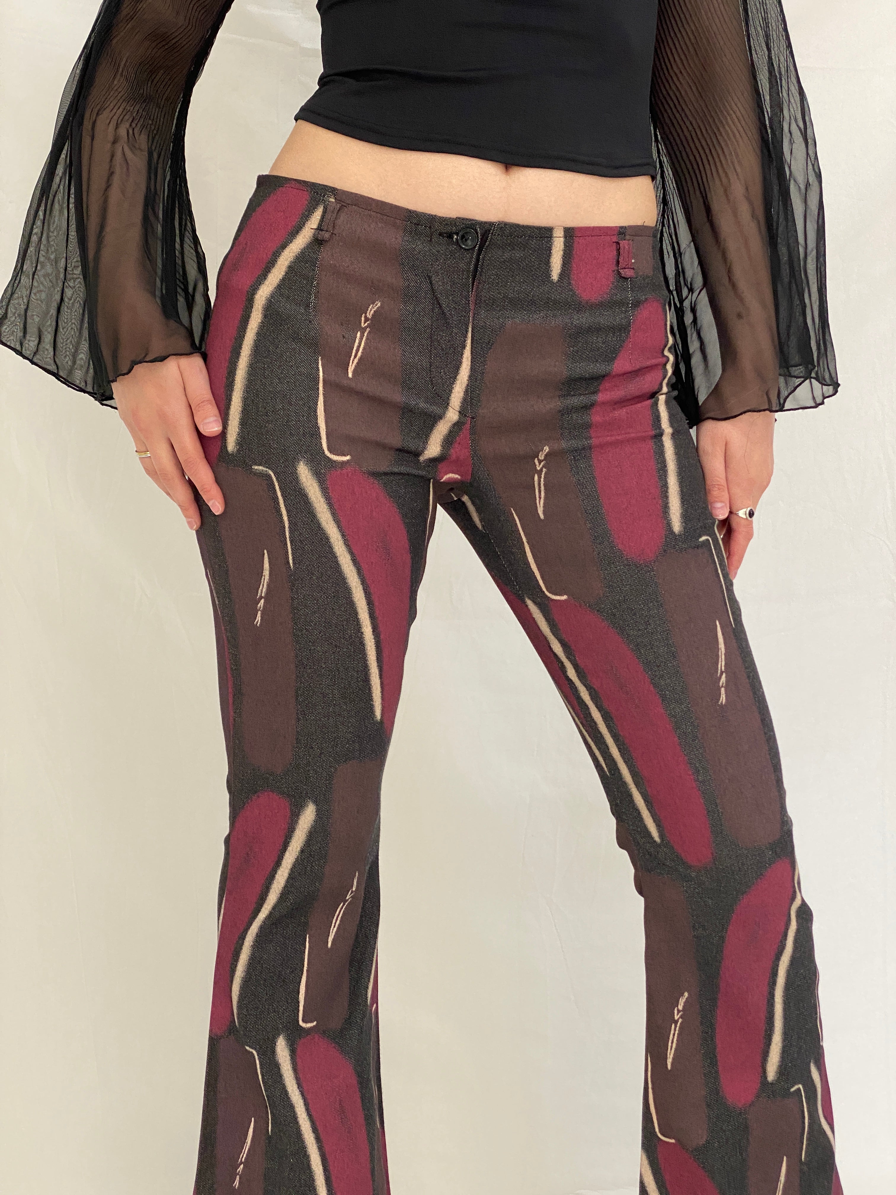 Vintage RECHE Abstract Art Flared Brown Burgundy Graphic Denim Pants - 38EU