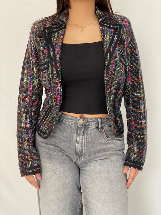 Vintage Knitted Multicolor Cropped Tweed Blazer With Black Trim - M
