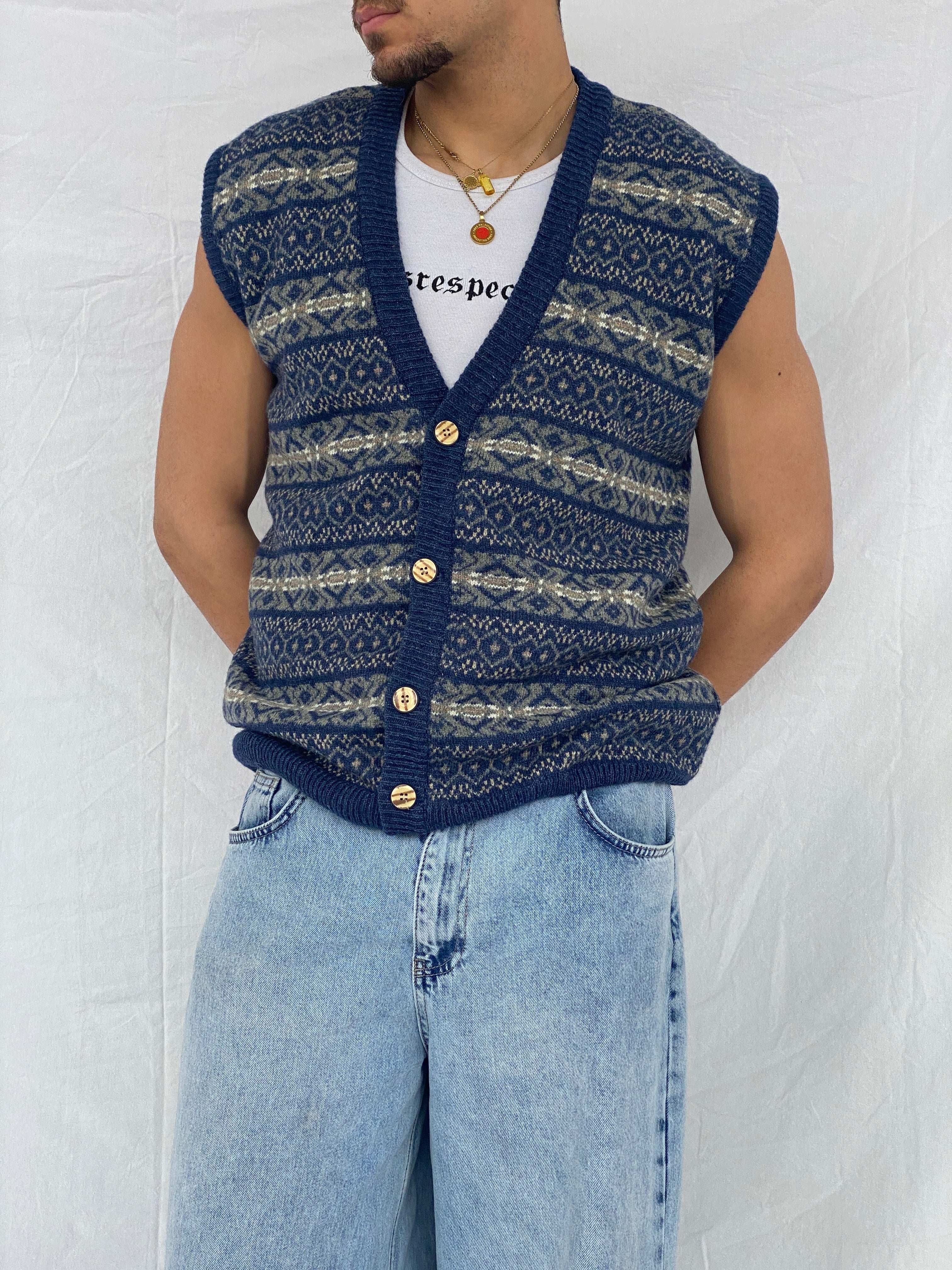 Vintage Shetland Navy Button-Up Knitted Sweater Vest - Size L