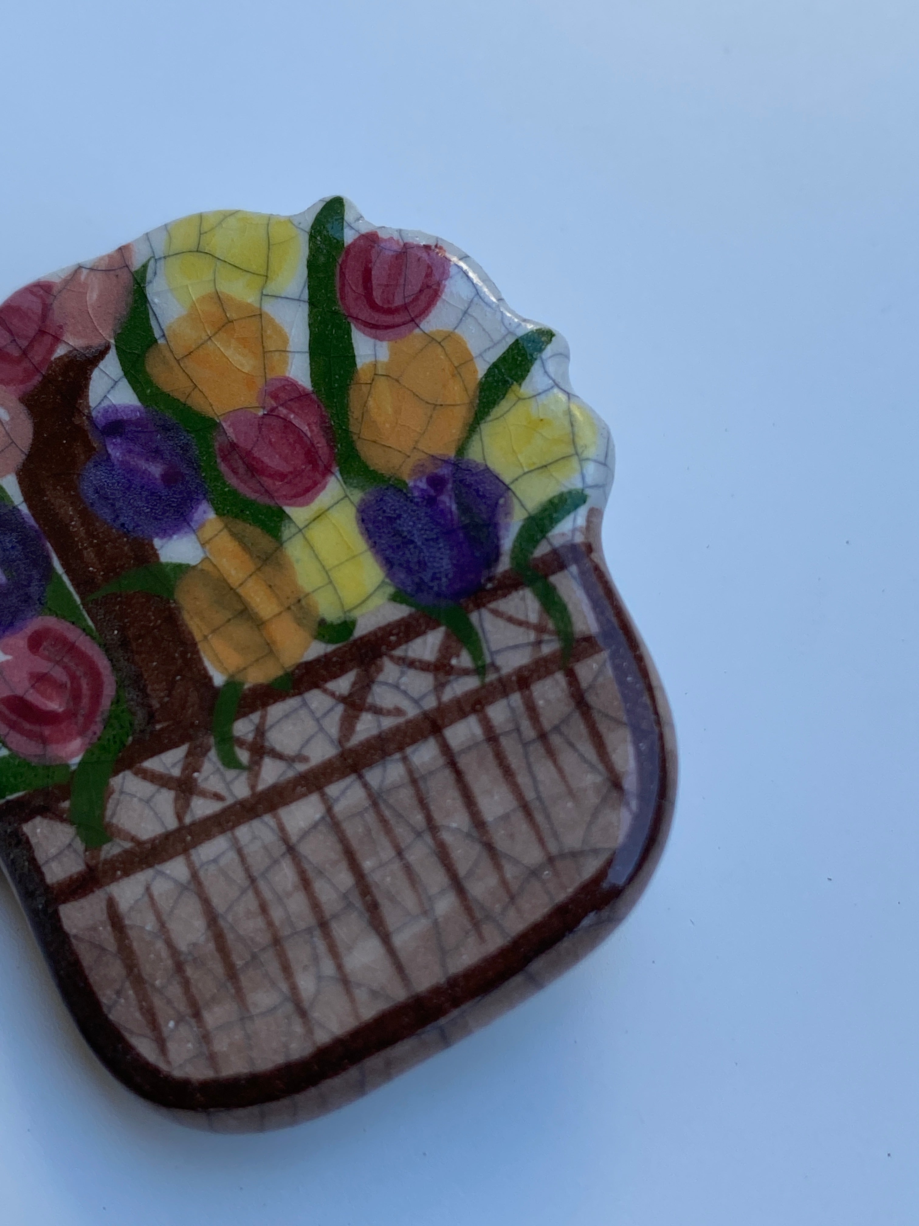 Vintage Hand-Painted Floral Basket Ceramic Brooch Multicolor Art Pottery Pin