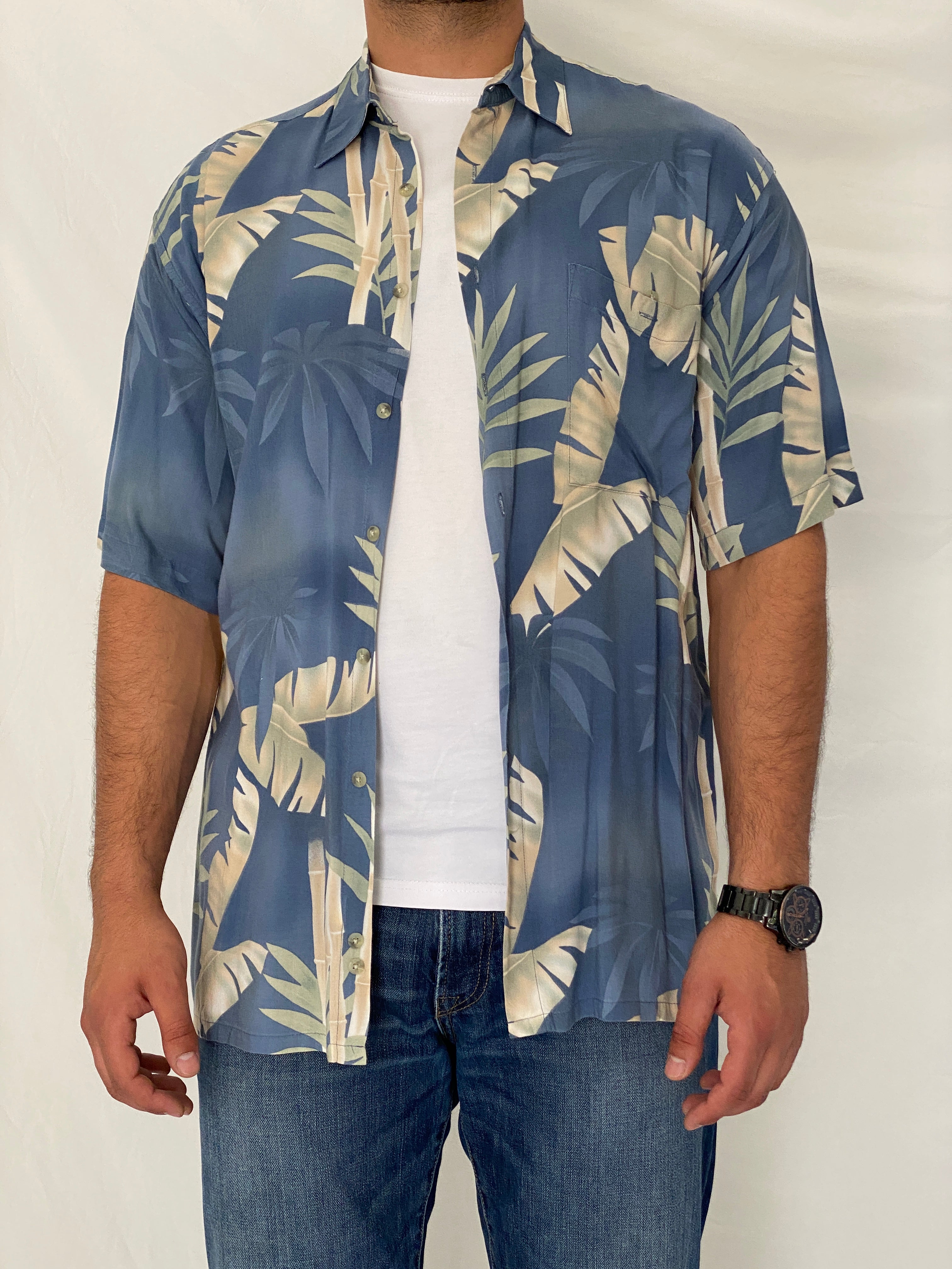 Vintage 90s Pierre Cardin Blue Tropical Rayon Hawaiian Shirt – L