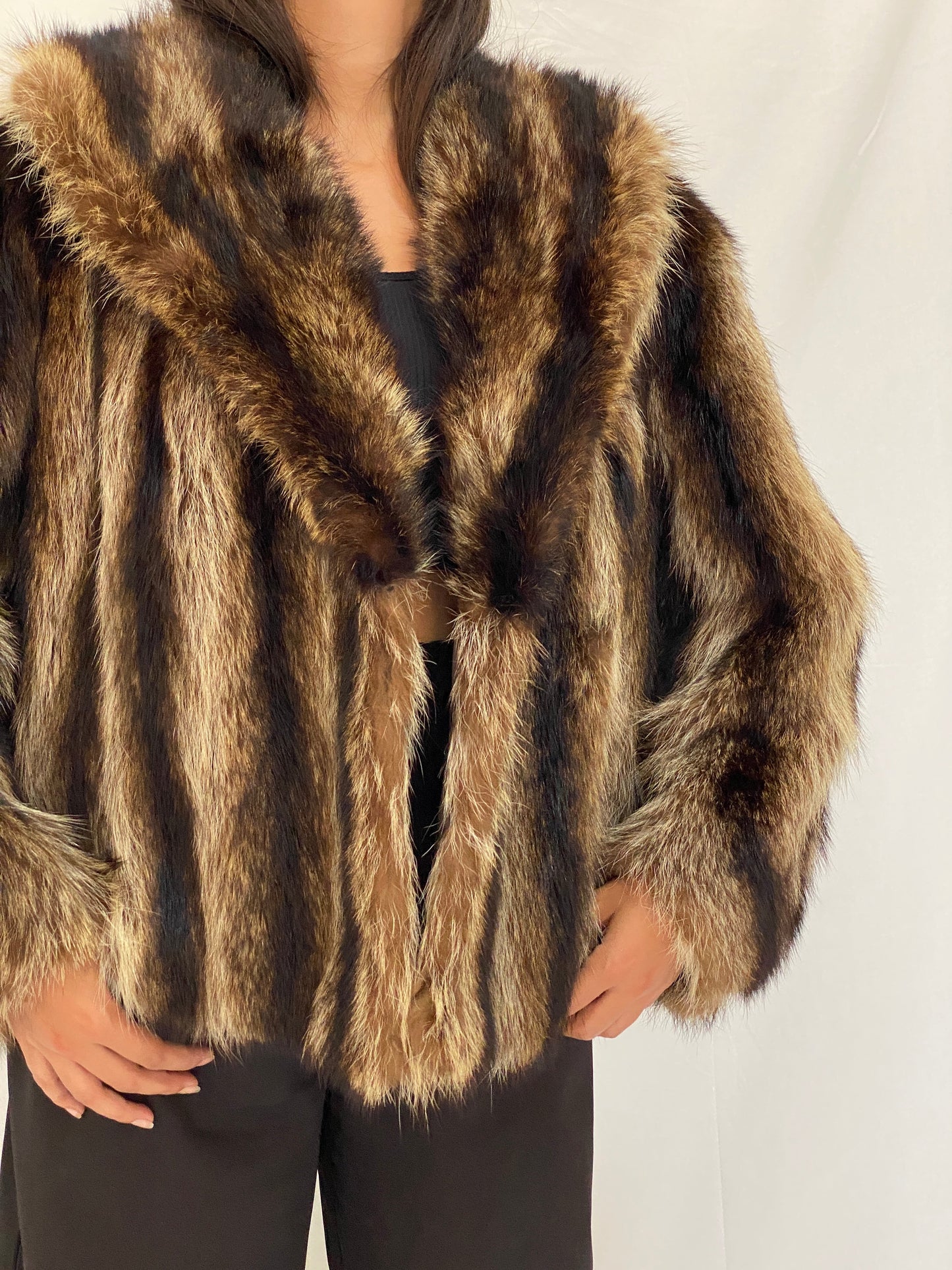 Vintage Striped Brown & Black Real Fur Coat - 70s Glam Winter Statement Jacket - M/L