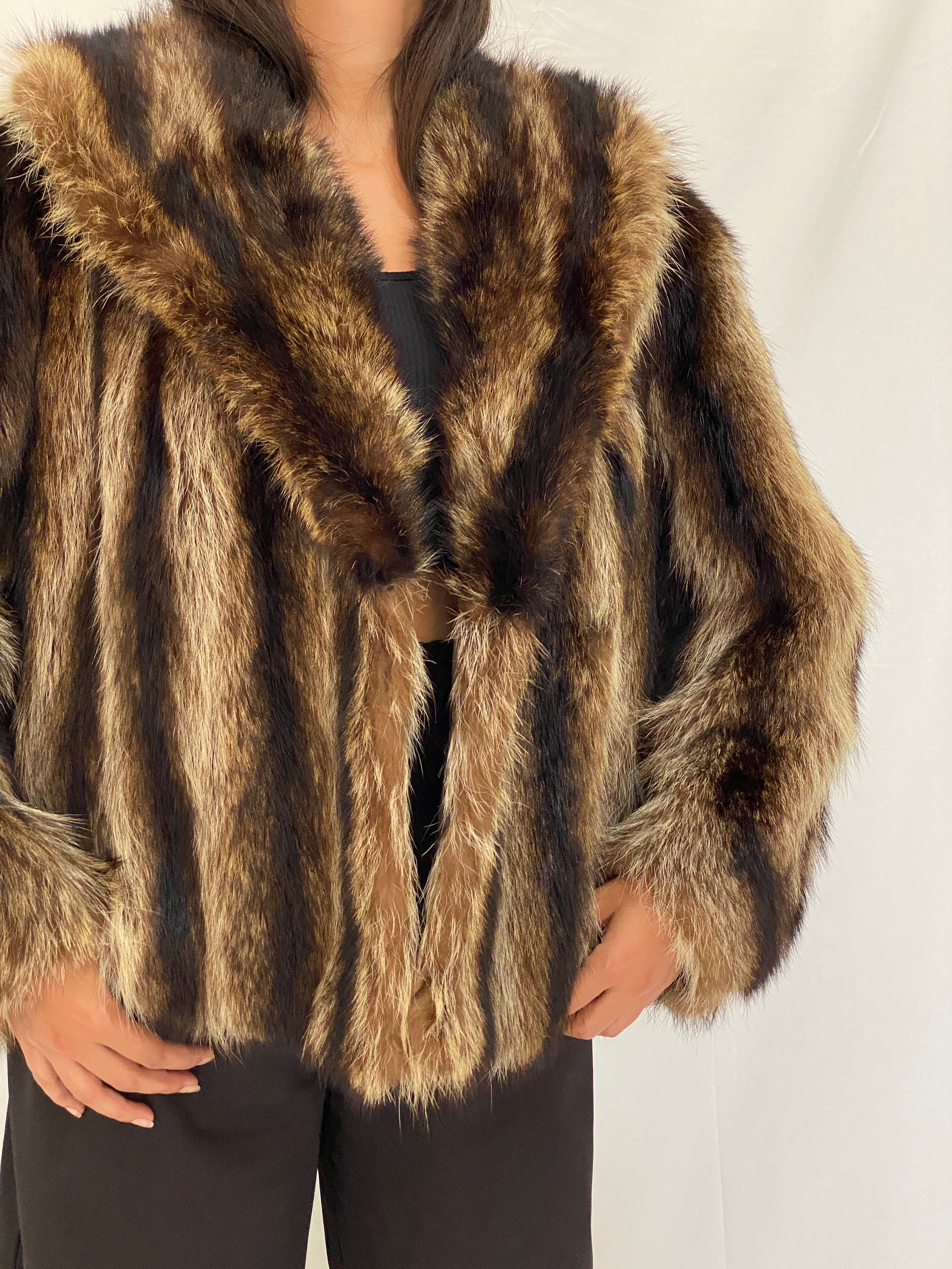 Vintage Striped Brown & Black Real Fur Coat - 70s Glam Winter Statement Jacket - M/L