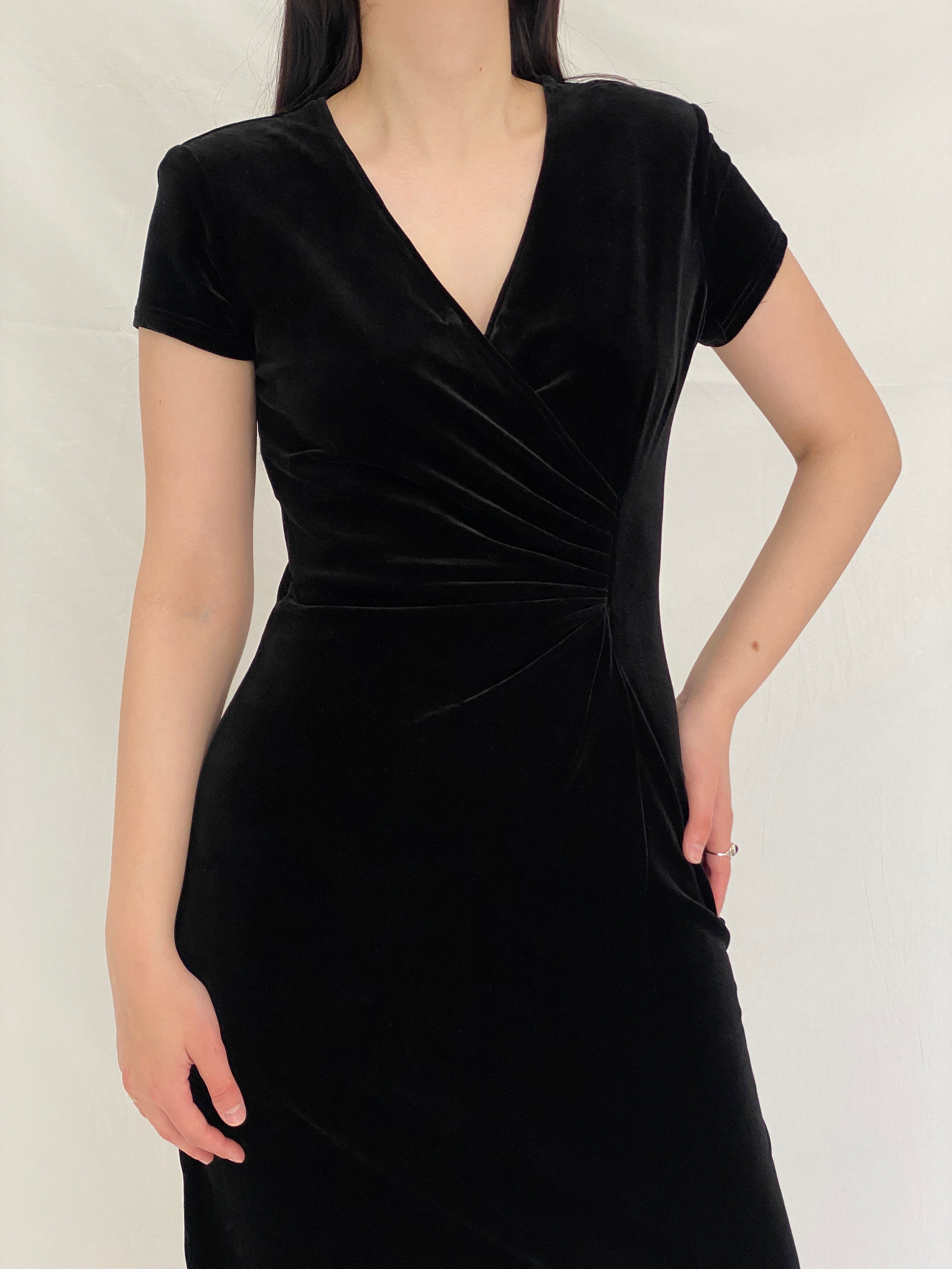Vintage Amanda Lane Black Velvet Ruched 90s Minimal Evening Mini Dress – S