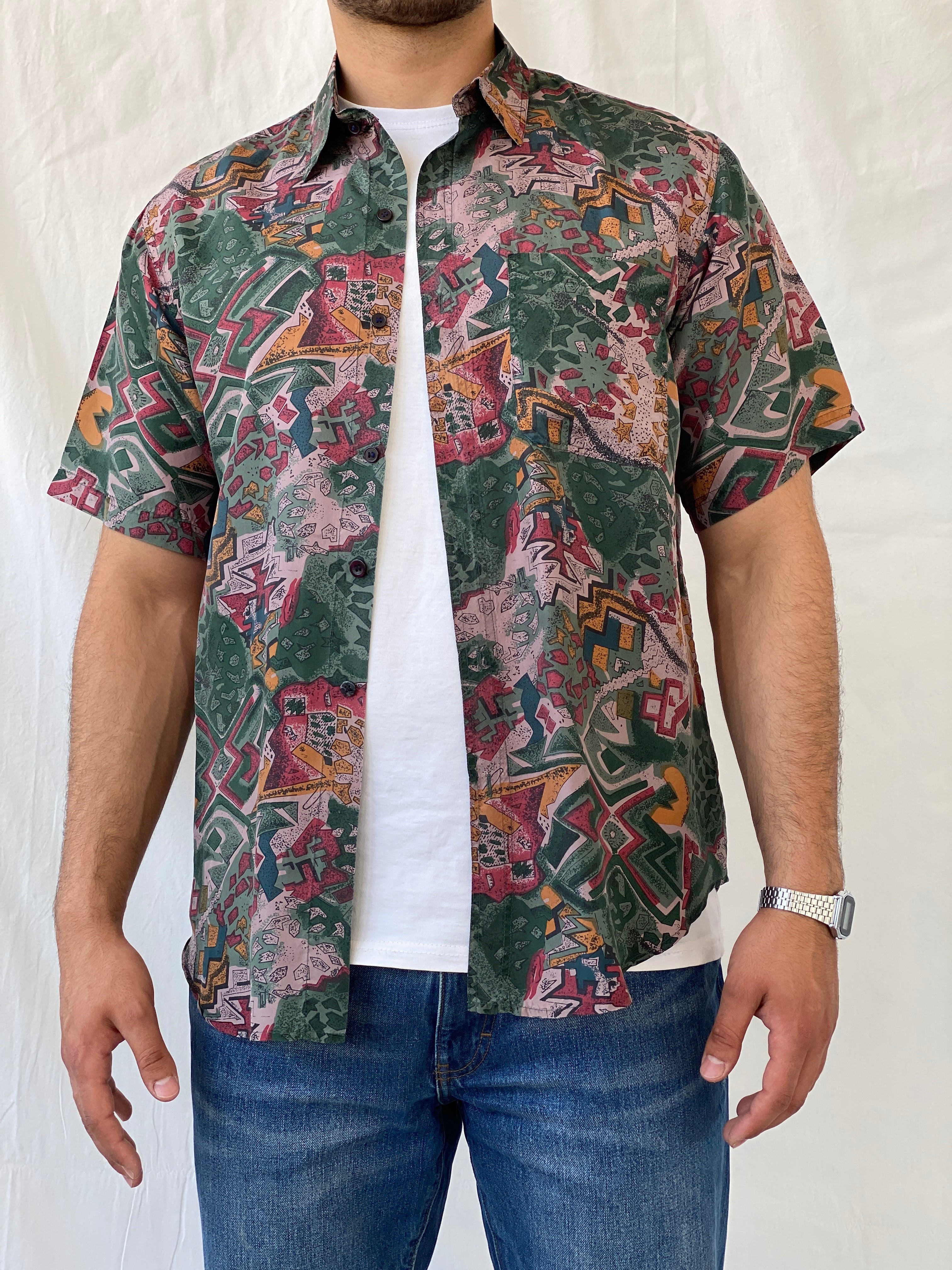 Vintage Shizhuang Abstract Men’s Short Sleeve Green Geometric Shirt - L