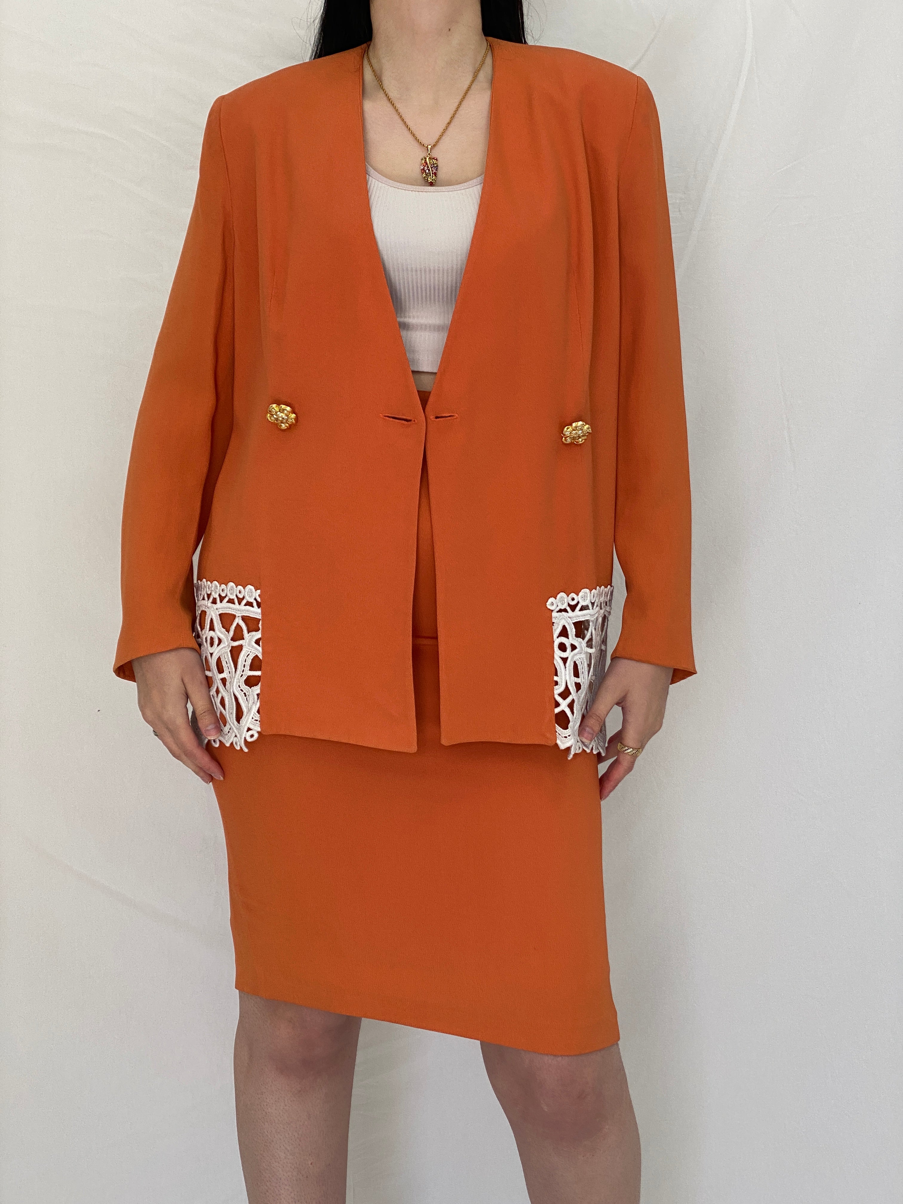 Statement Vintage Luigi Bruno Italian Orange Skirt Suit Set Tailored Blazer & Pencil Skirt - S