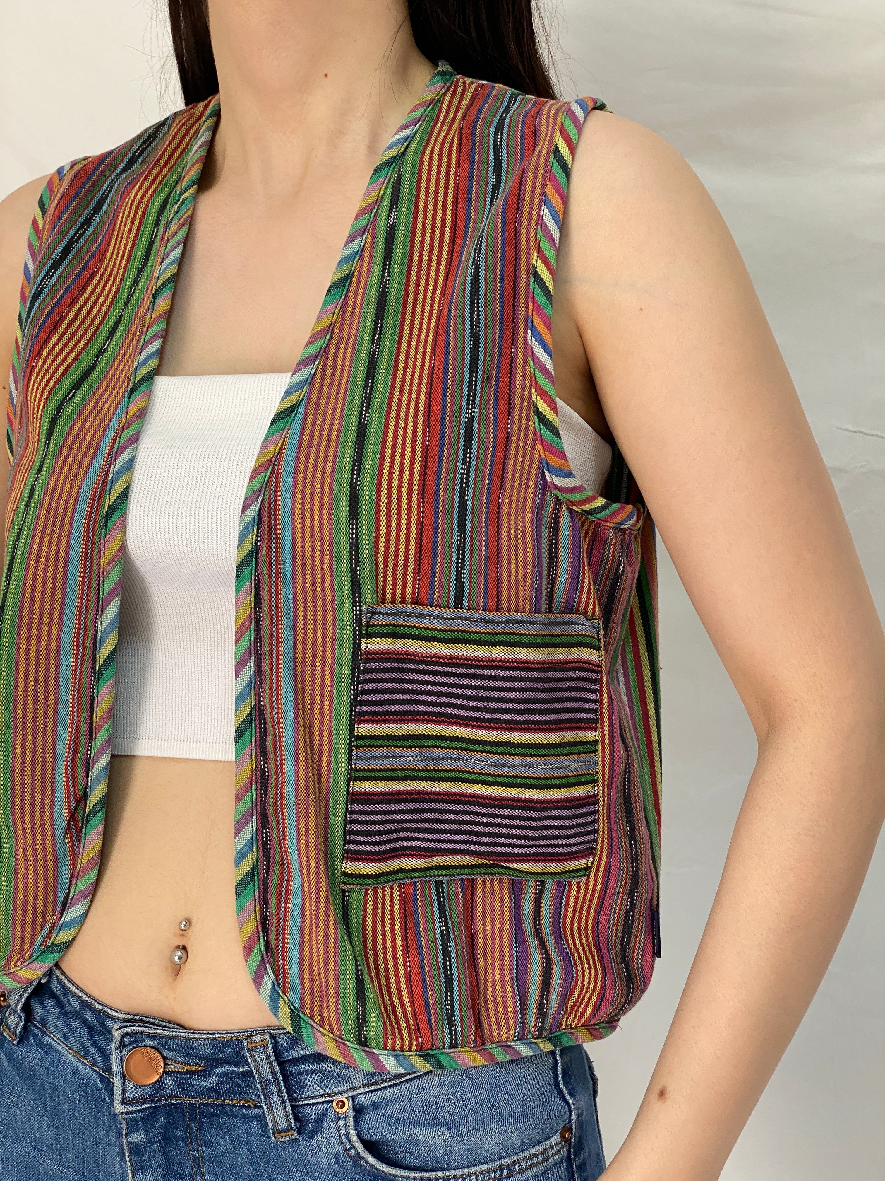 Vintage Esprit Cotton Striped Vest Rainbow Hippie Festival Open Front Waistcoat – M