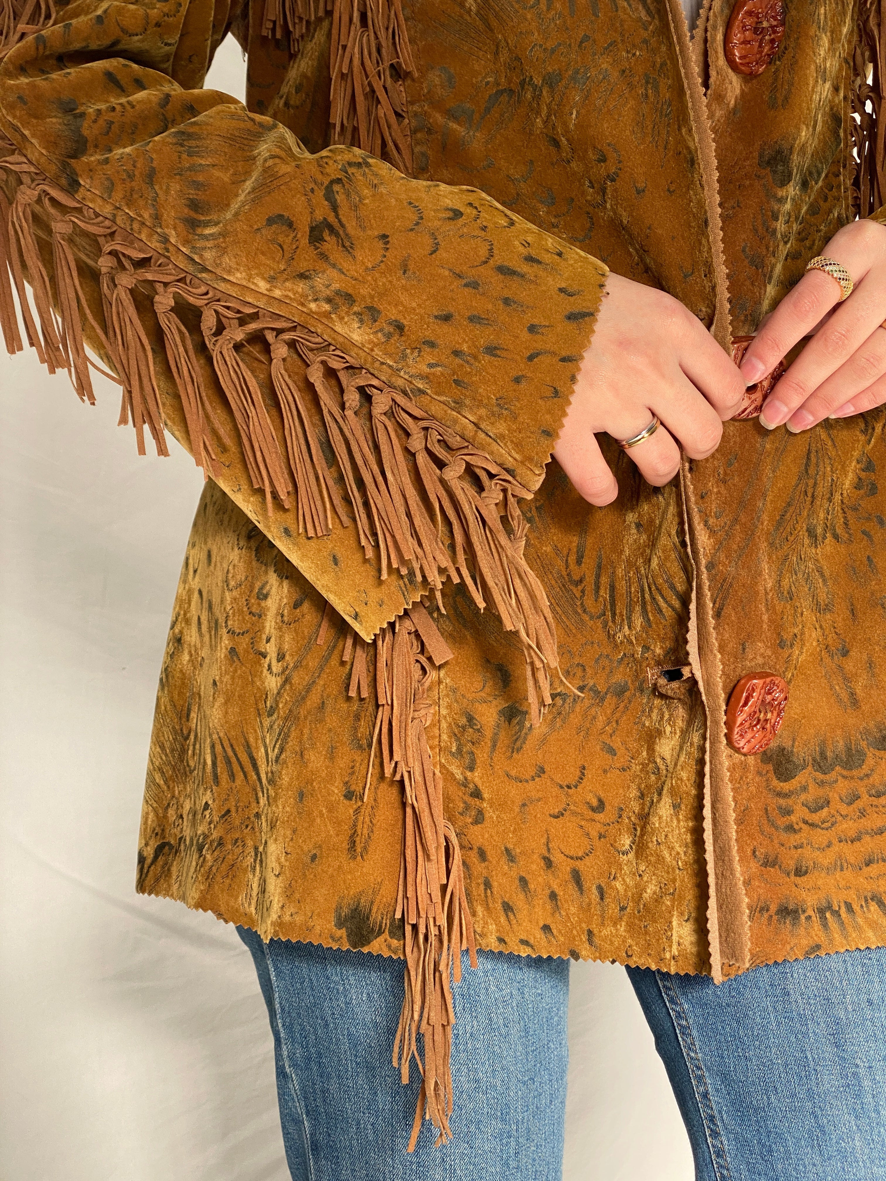 Vintage Dance Girl Fashion Western Fringe Faux Suede Jacket Boho Cowboy Statement Coat - XL