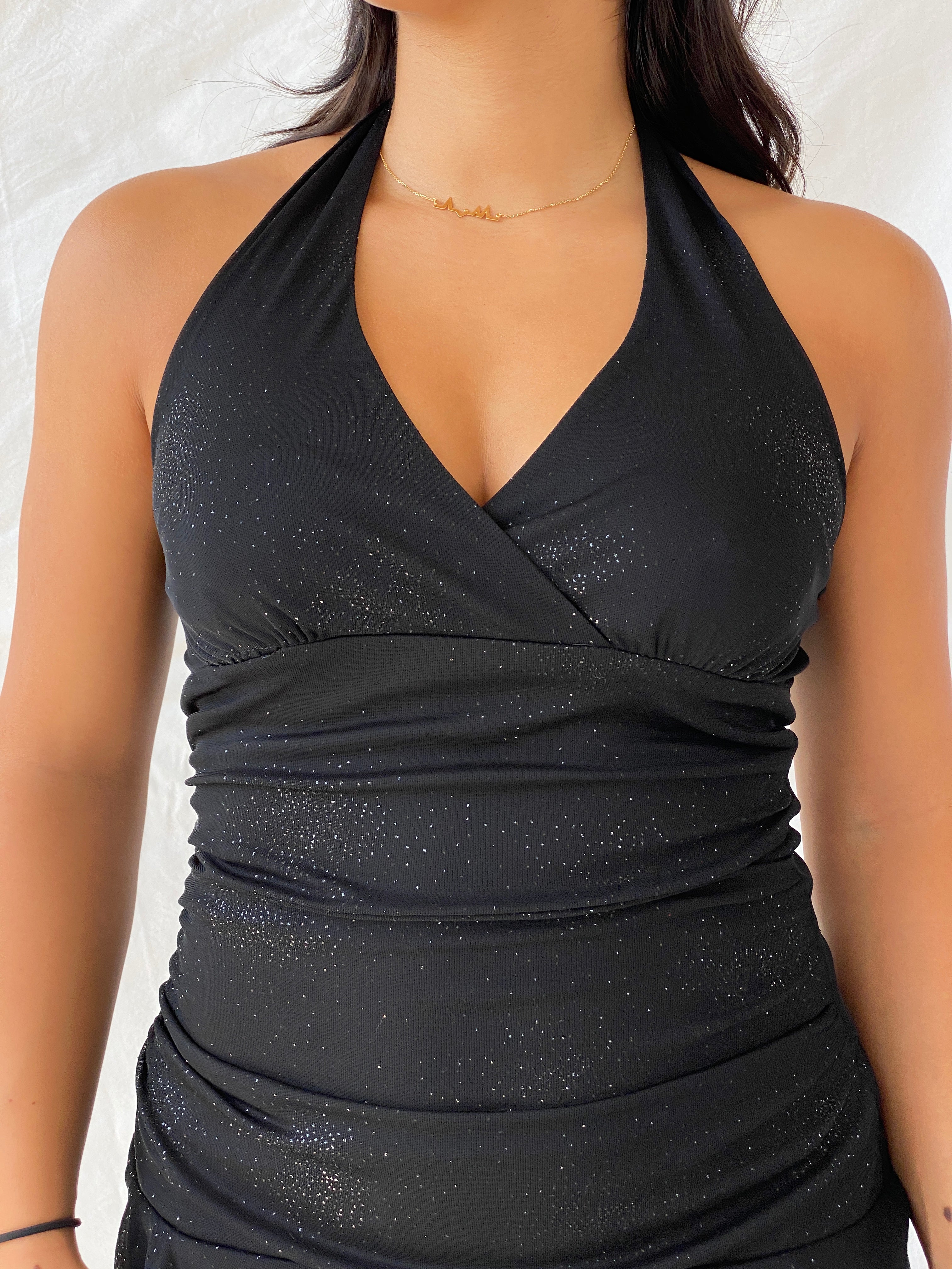 Vintage 00s Trixxi Mini Glittery Black Halter Dress - S