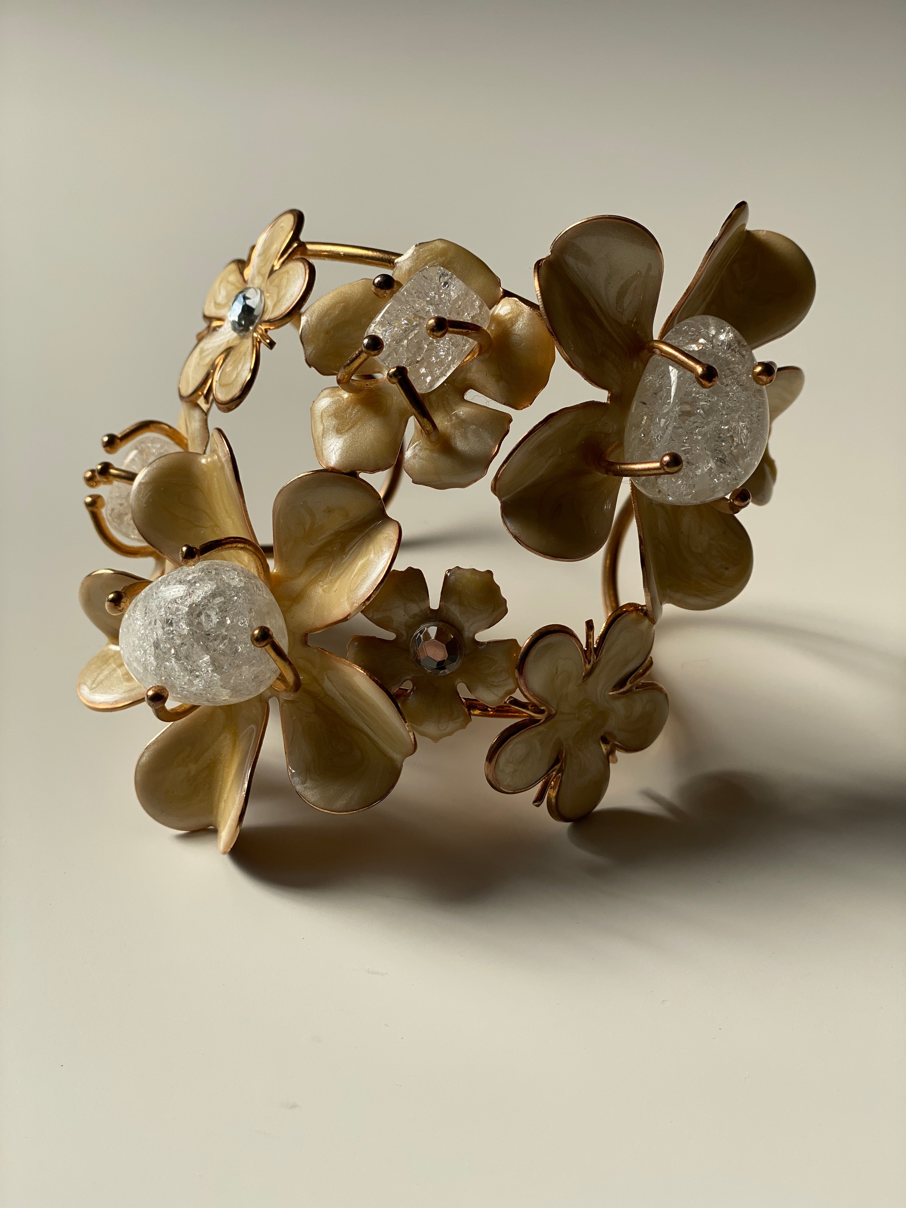 Vintage Floral Statement Bracelet with Enamel Petals & Crackle Glass Stones
