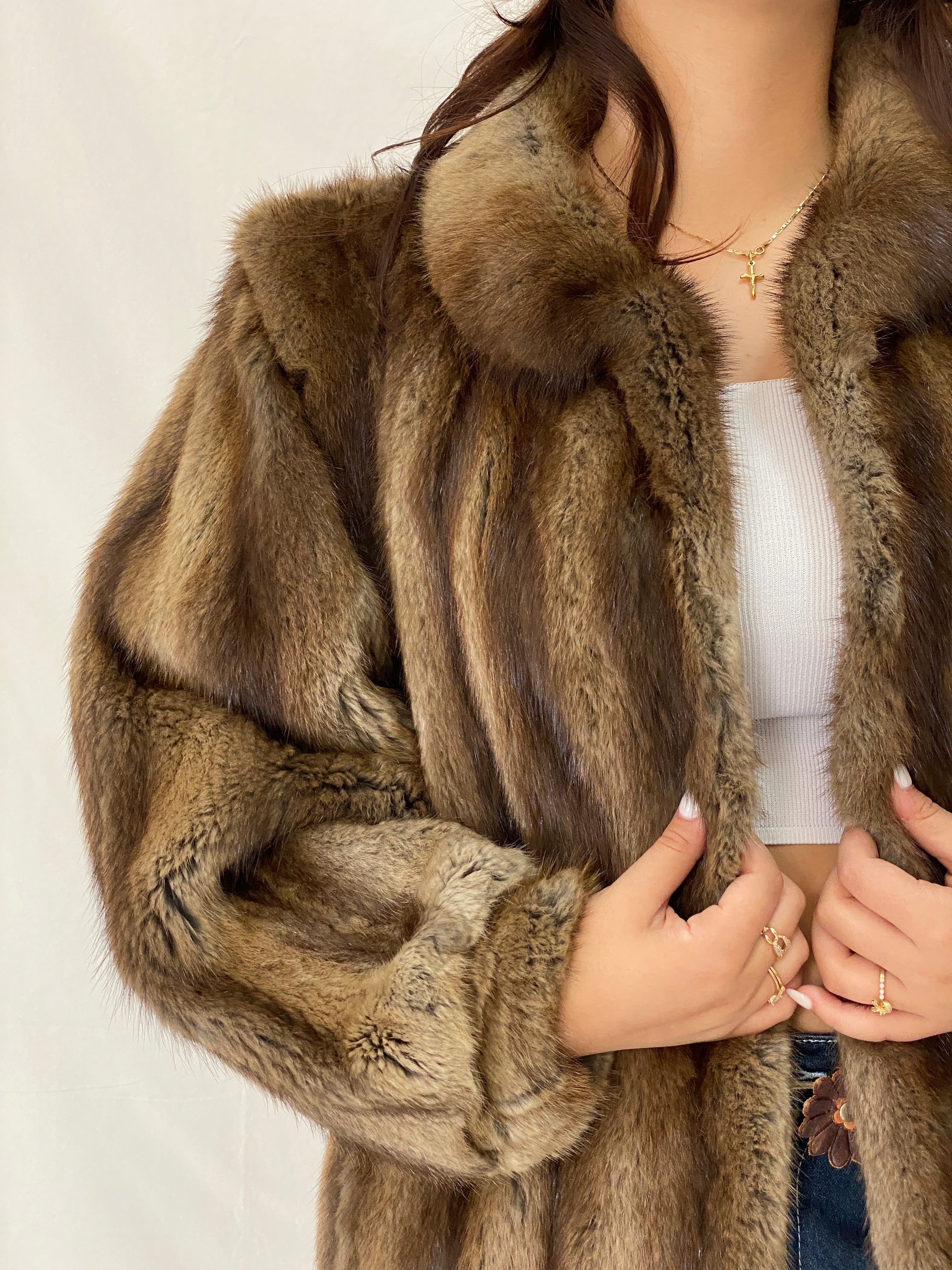 Vintage Natural Brown Mink Fur Coat Classic Mid-Length Luxury Winter Jacket - L