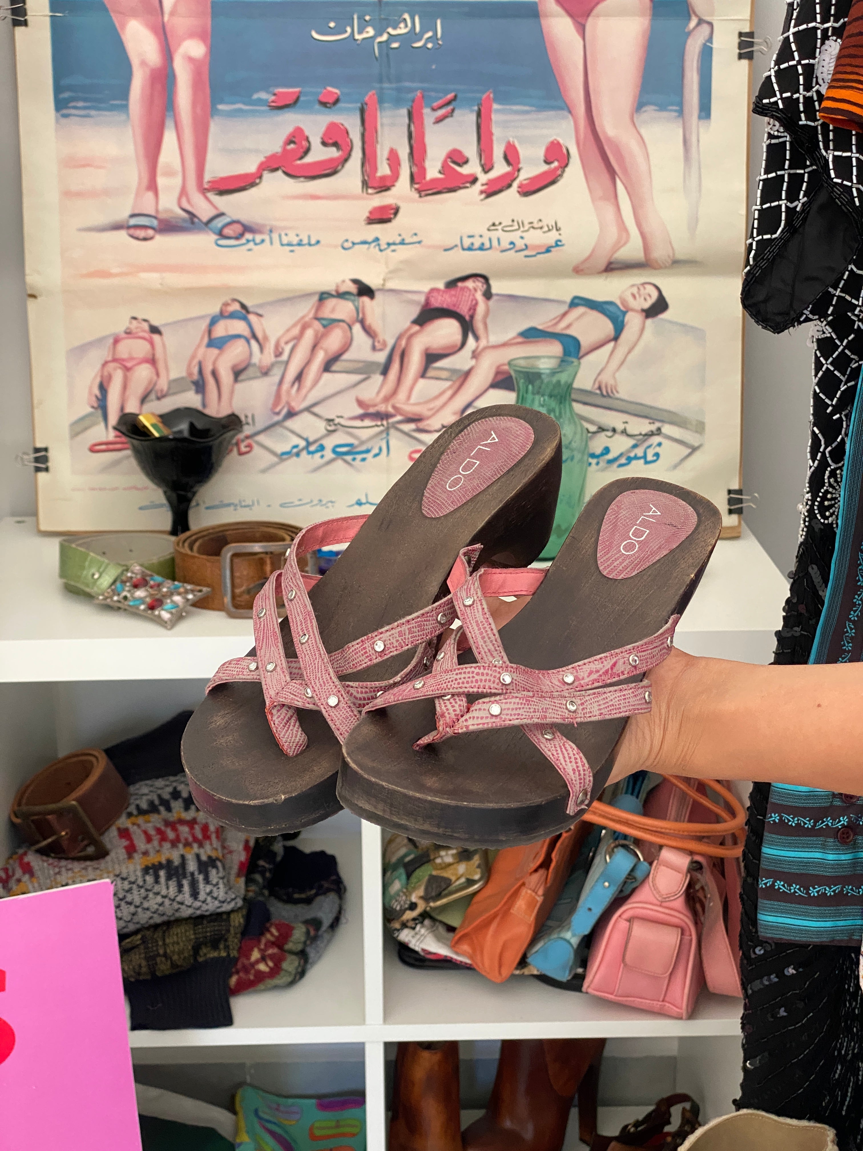Vintage Y2K ALDO Pink Rhinestone Strappy Wooden Clog Sandals - 37 EU