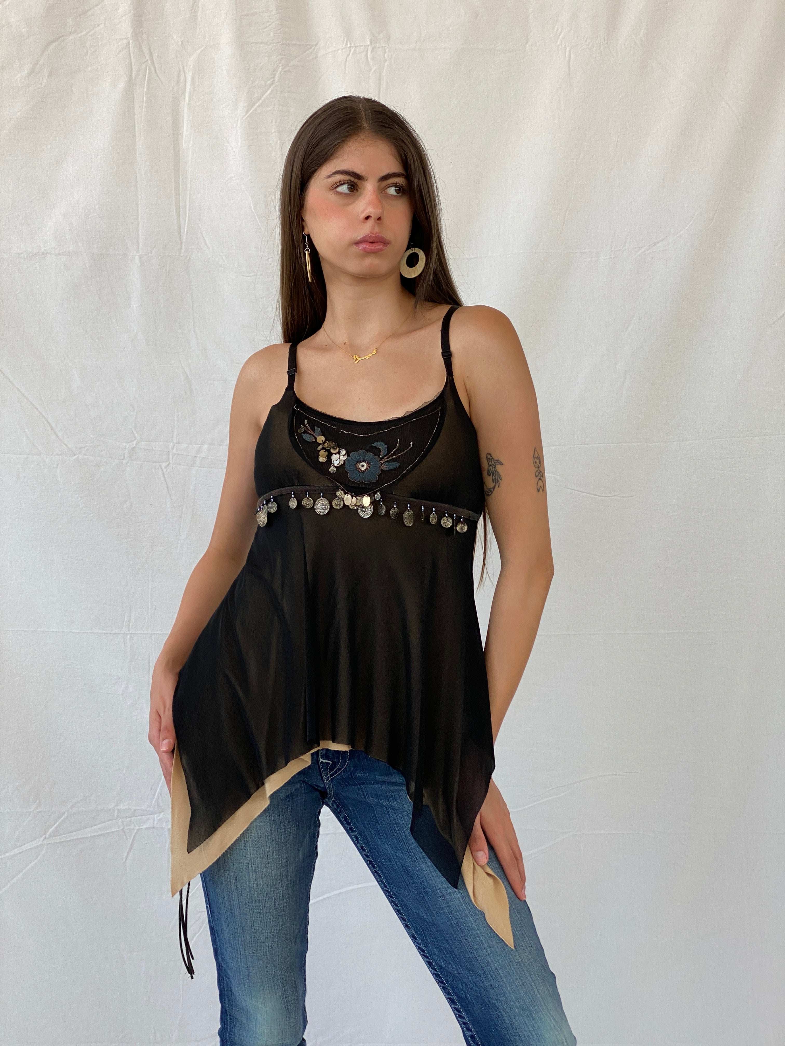 Vintage Y2K Asymmetrical Black Cami Top - S