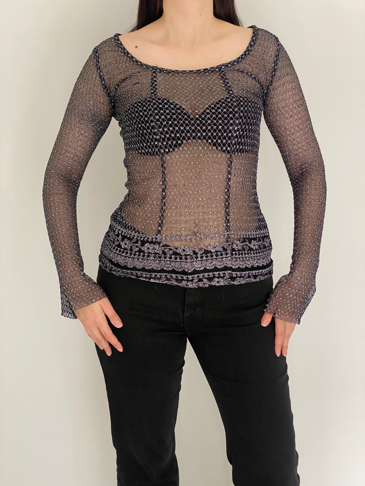 Vintage Y2K Black & Silver Metallic Crochet Mesh Sheer Grunge Top – S