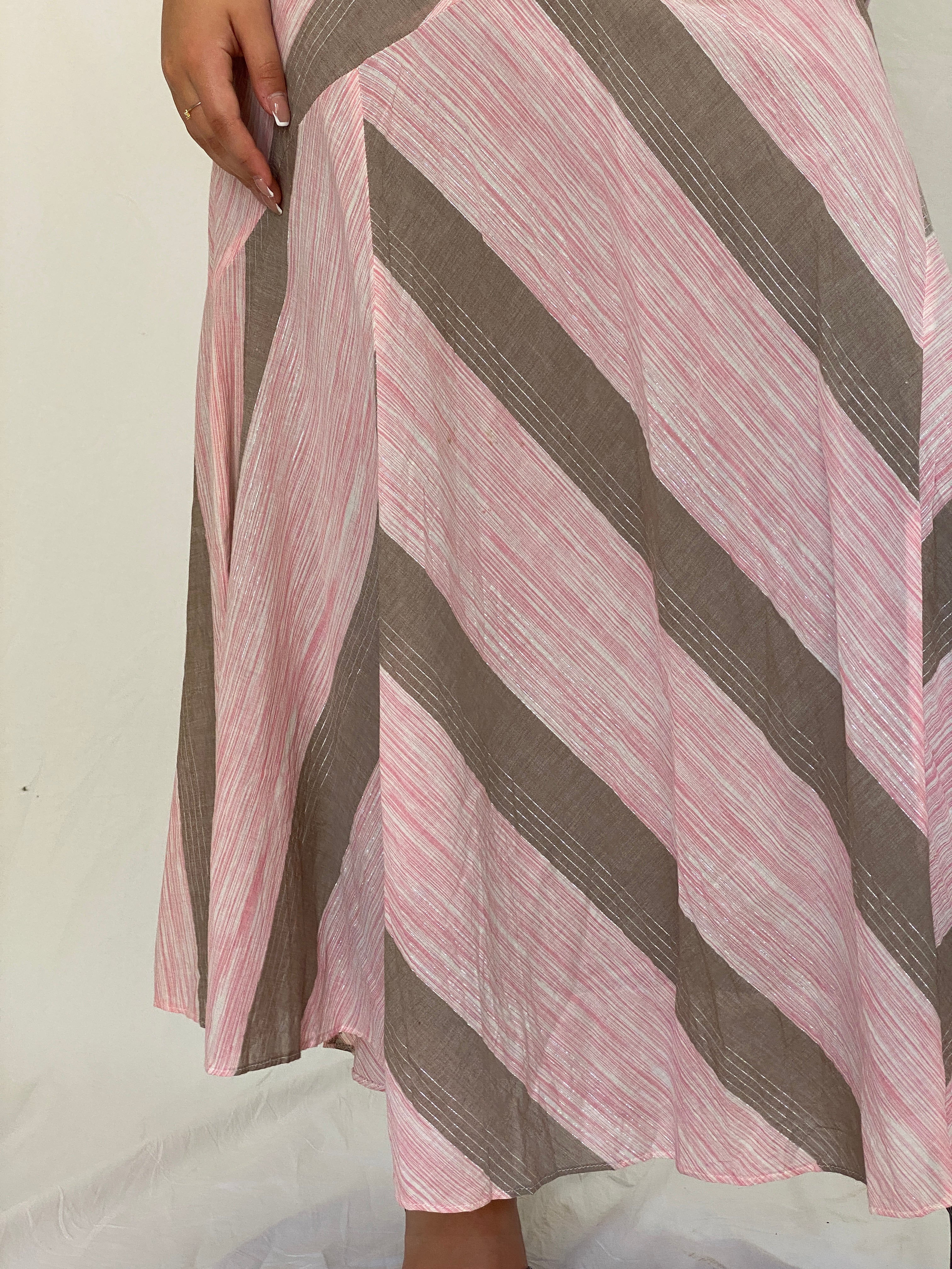 Vintage Y2K Woolworths Woman Pink & Taupe Linen Blend Chevron Maxi Skirt - M