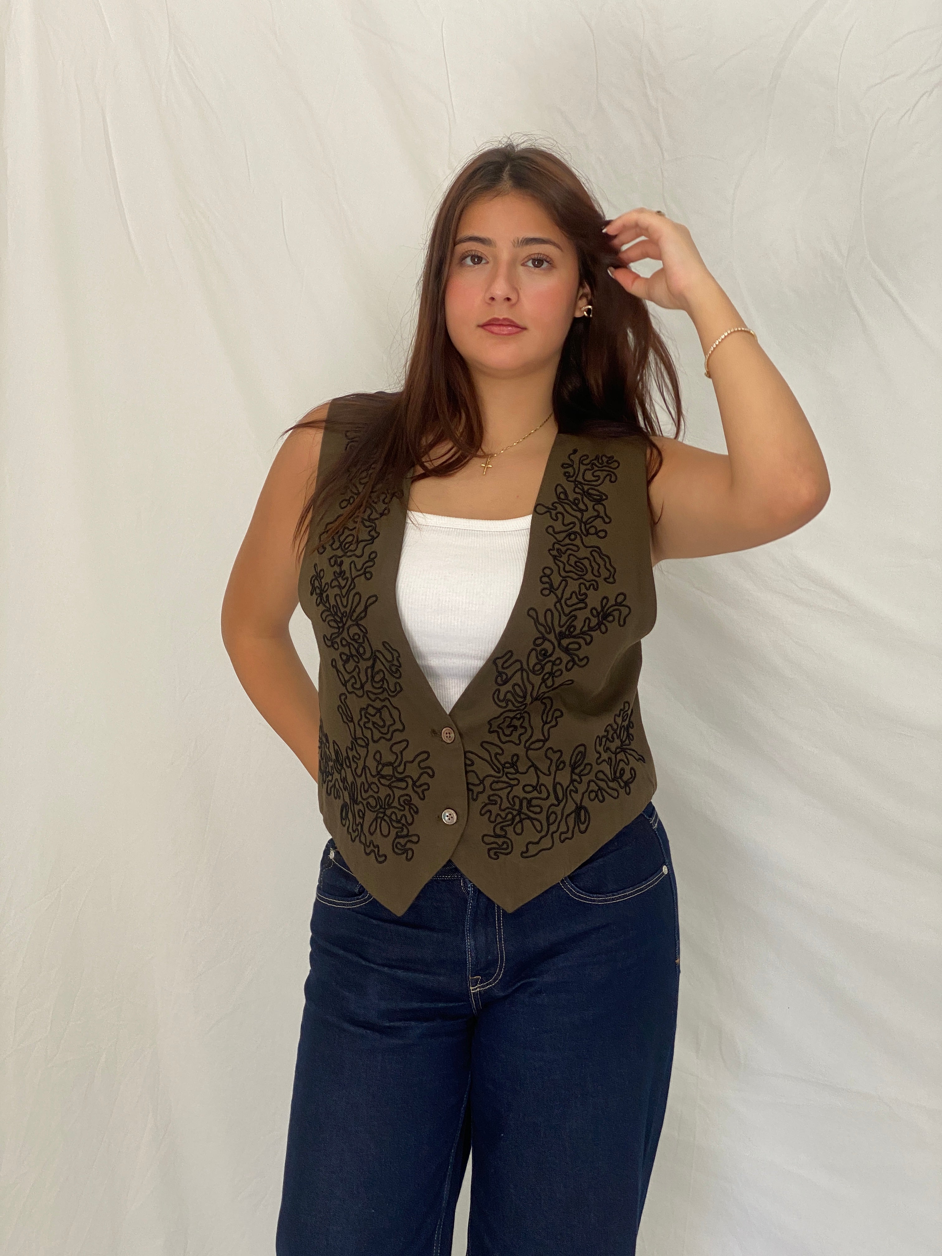 Vintage 90s Banana Republic Olive Embroidered Rayon Vest – L