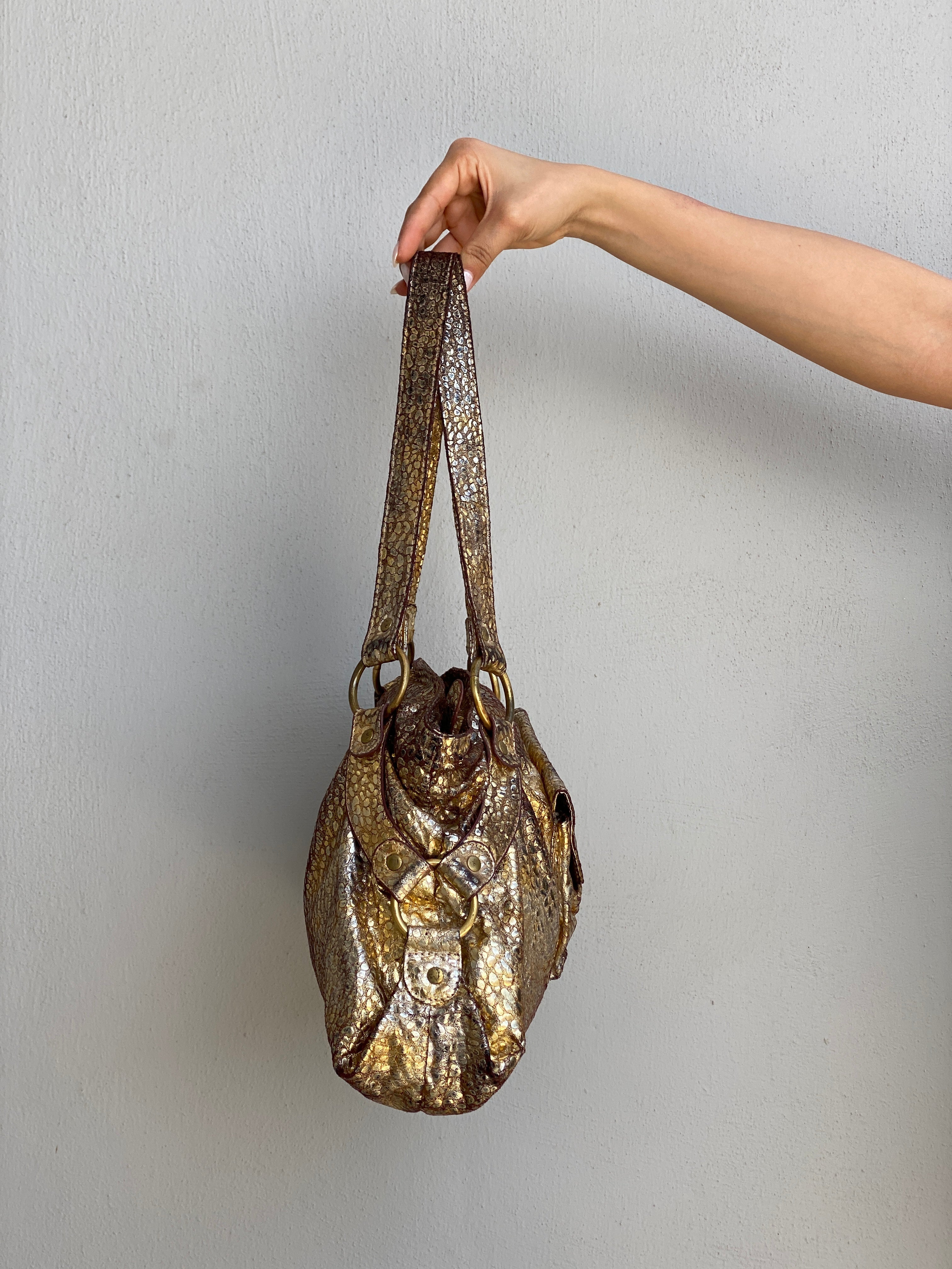 Vintage Y2K Metallic Gold Faux Snakeskin Shoulder Bag