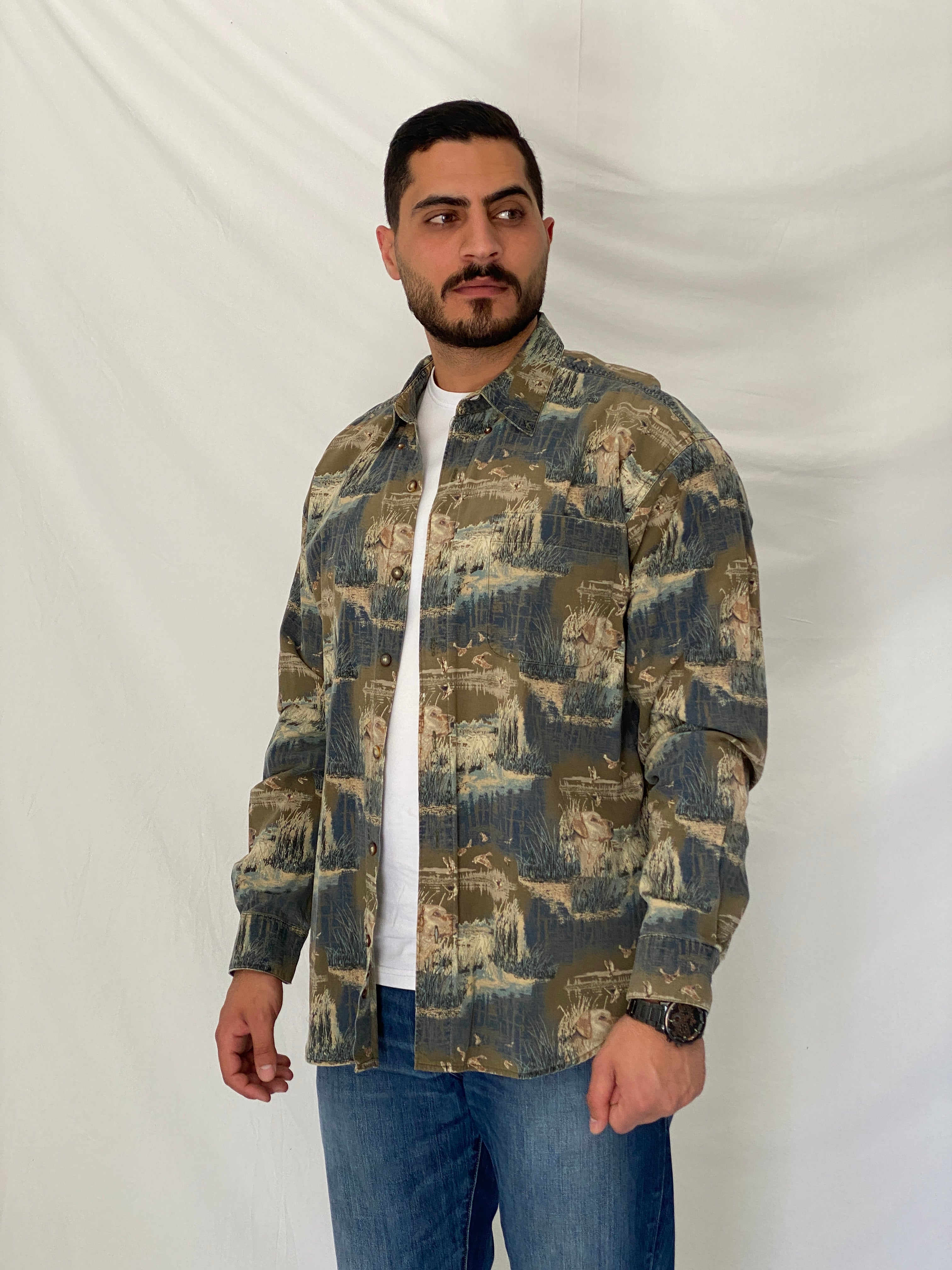 Vintage Woodland Trail Camo Hunting Cotton Button-Up Shirt – XL