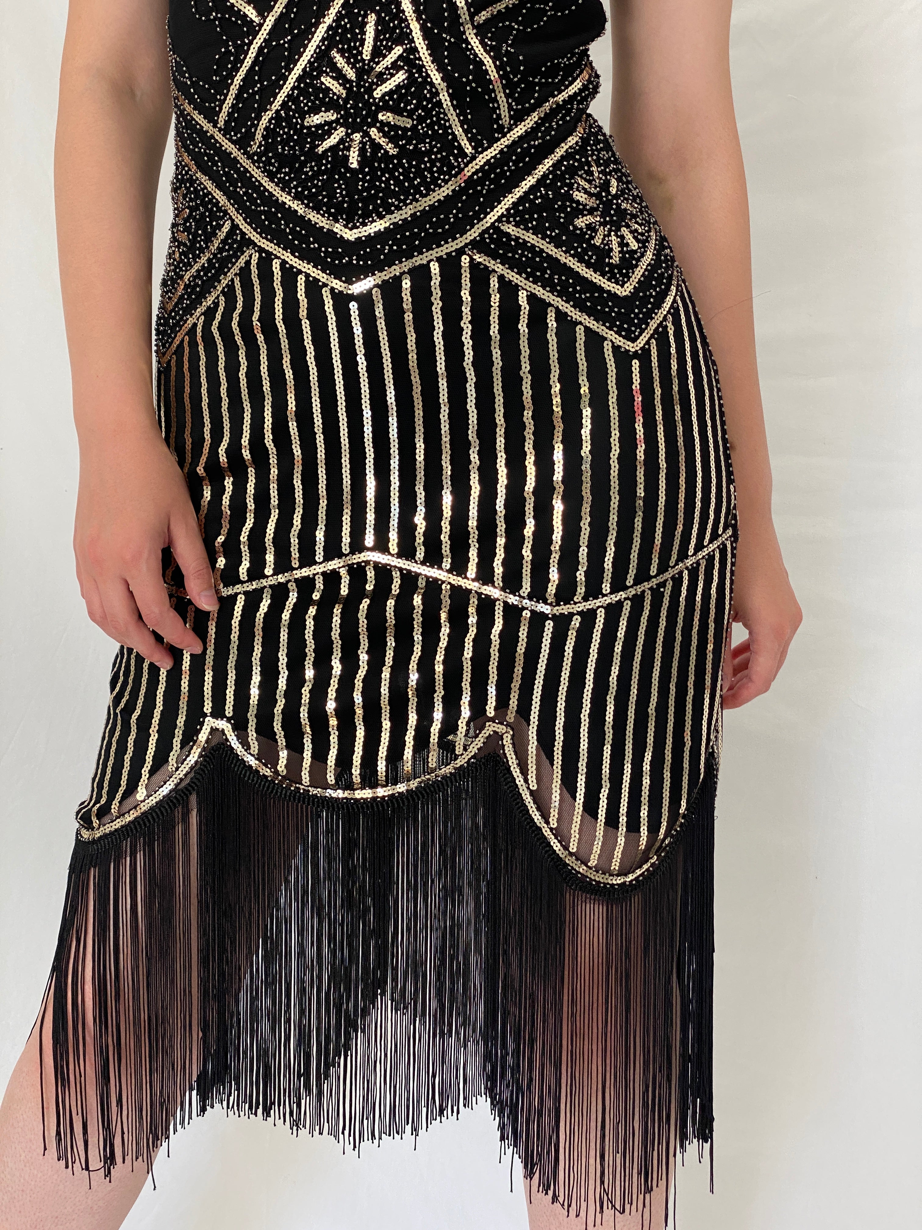 Vintage Art Deco Gatsby Black & Gold Sequin Fringe Cocktail Dress –  S
