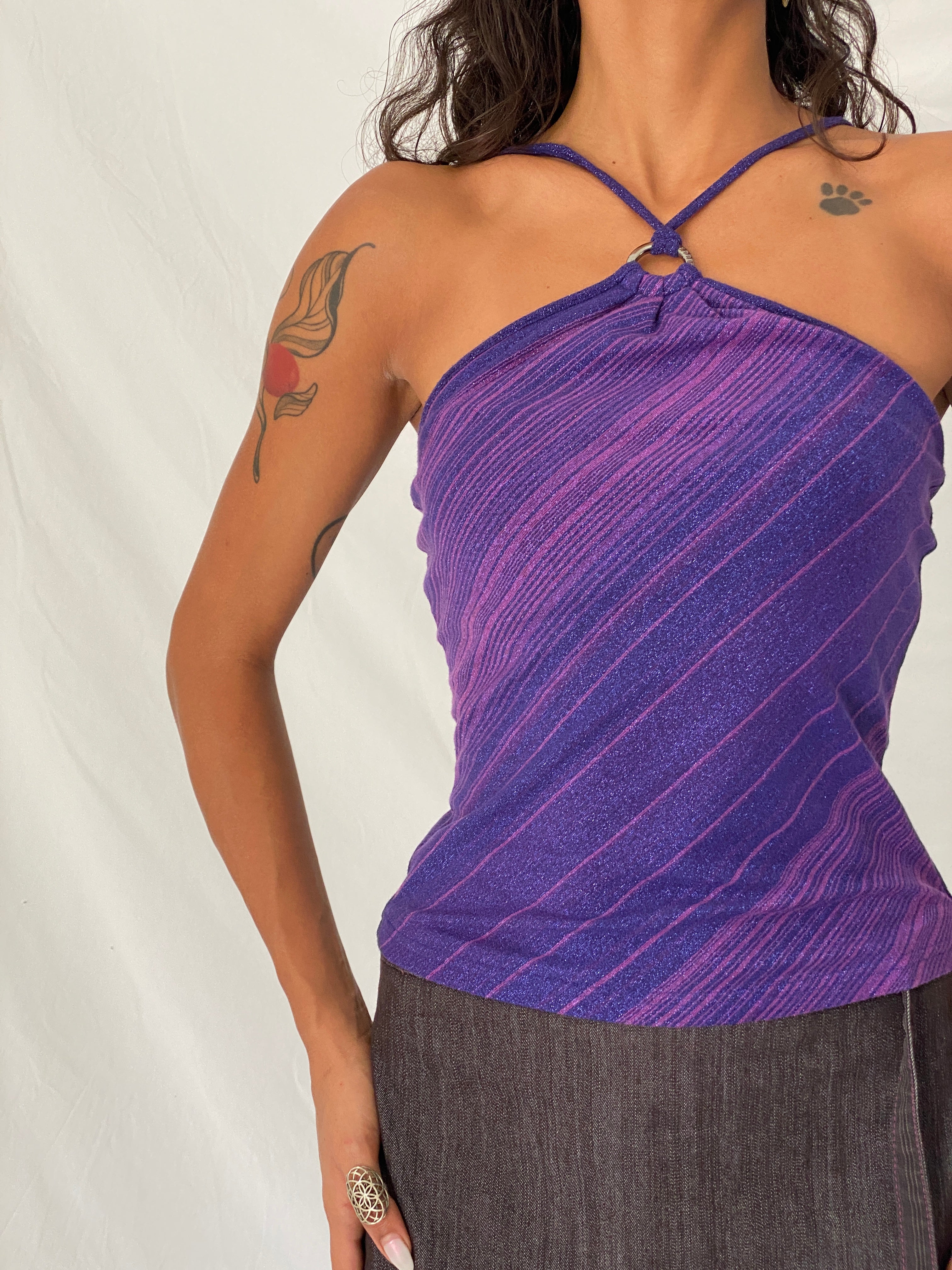 Vintage Y2K Express Purple Metallic Striped O-Ring Halter Top - S