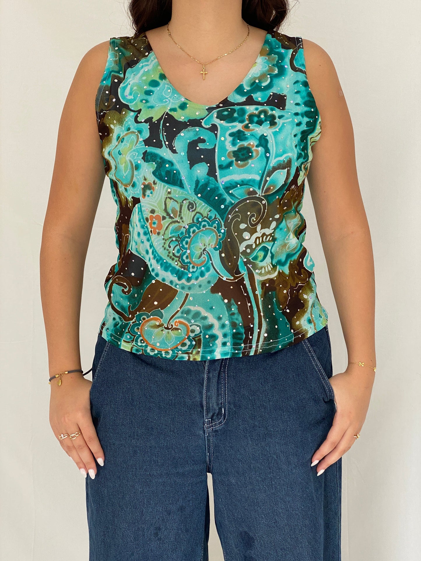 Y2K Abstract Turquoise Mesh Tank French Rhinestone Top – XL