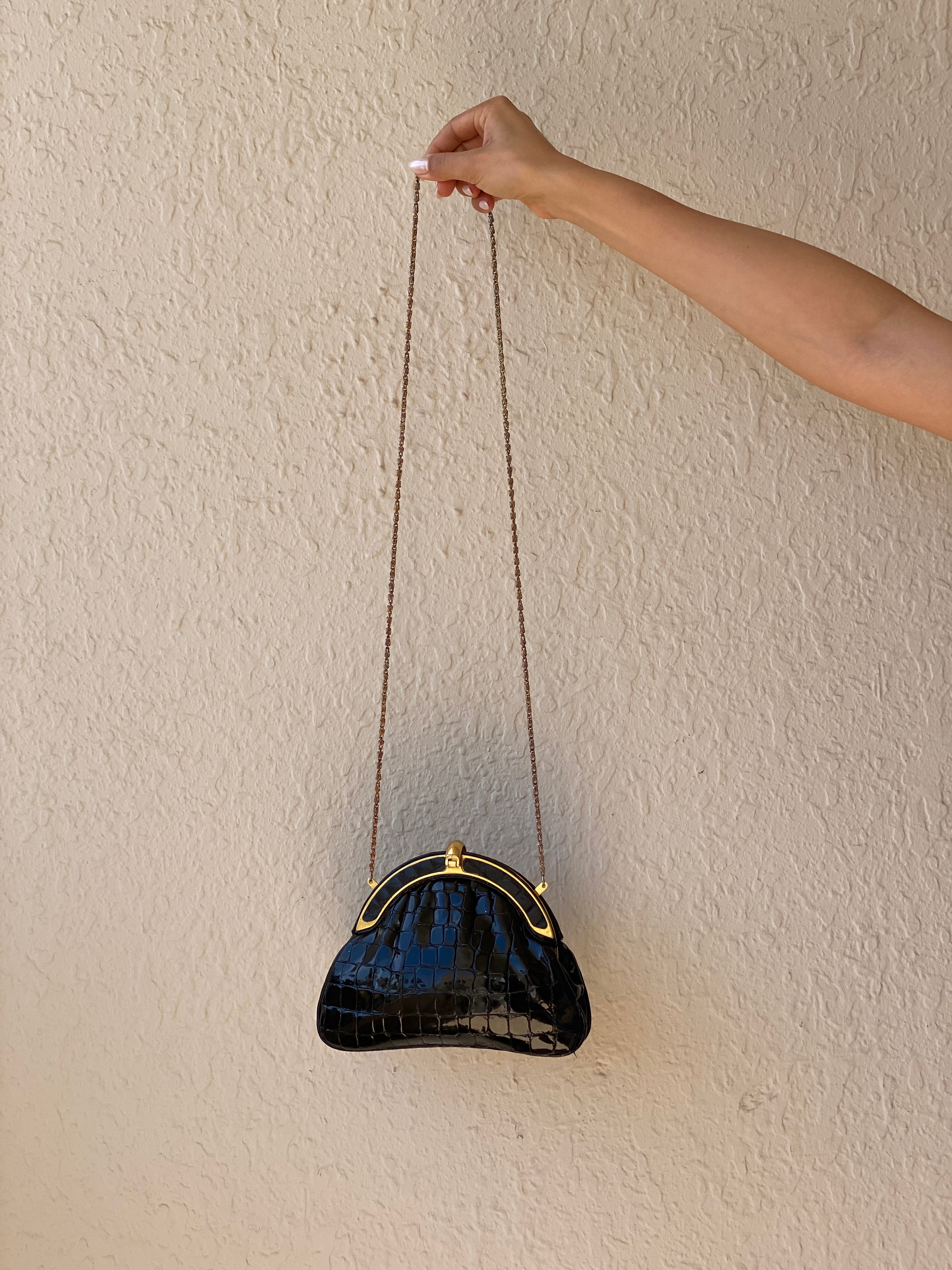 Vintage 1980s Black Croc Embossed Patent Rhinestone Bow Frame Gold Chain Evening Bag