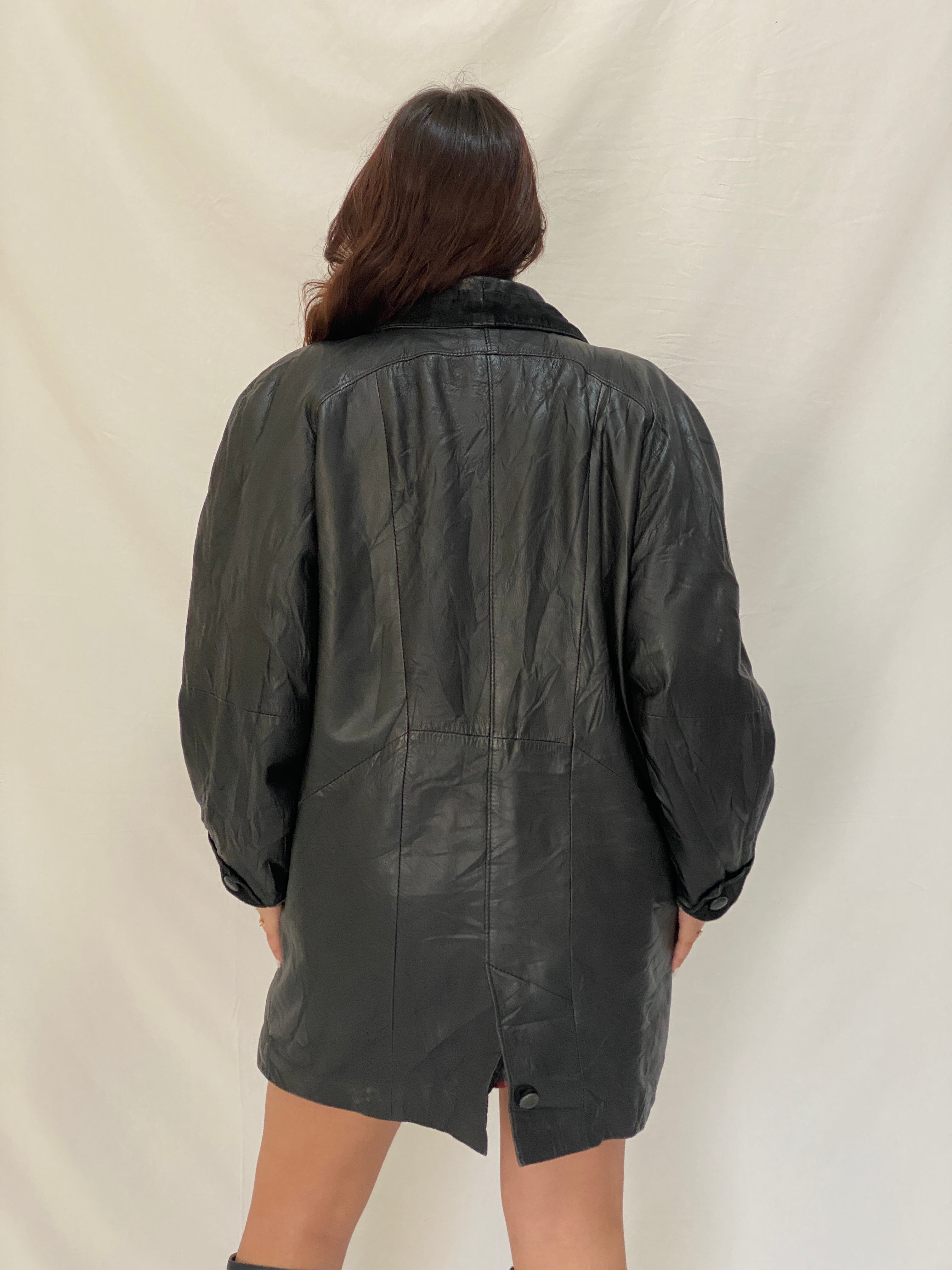 Vintage 80s Lekka’s Leatherwear Genuine Black Leather Oversized Coat - M