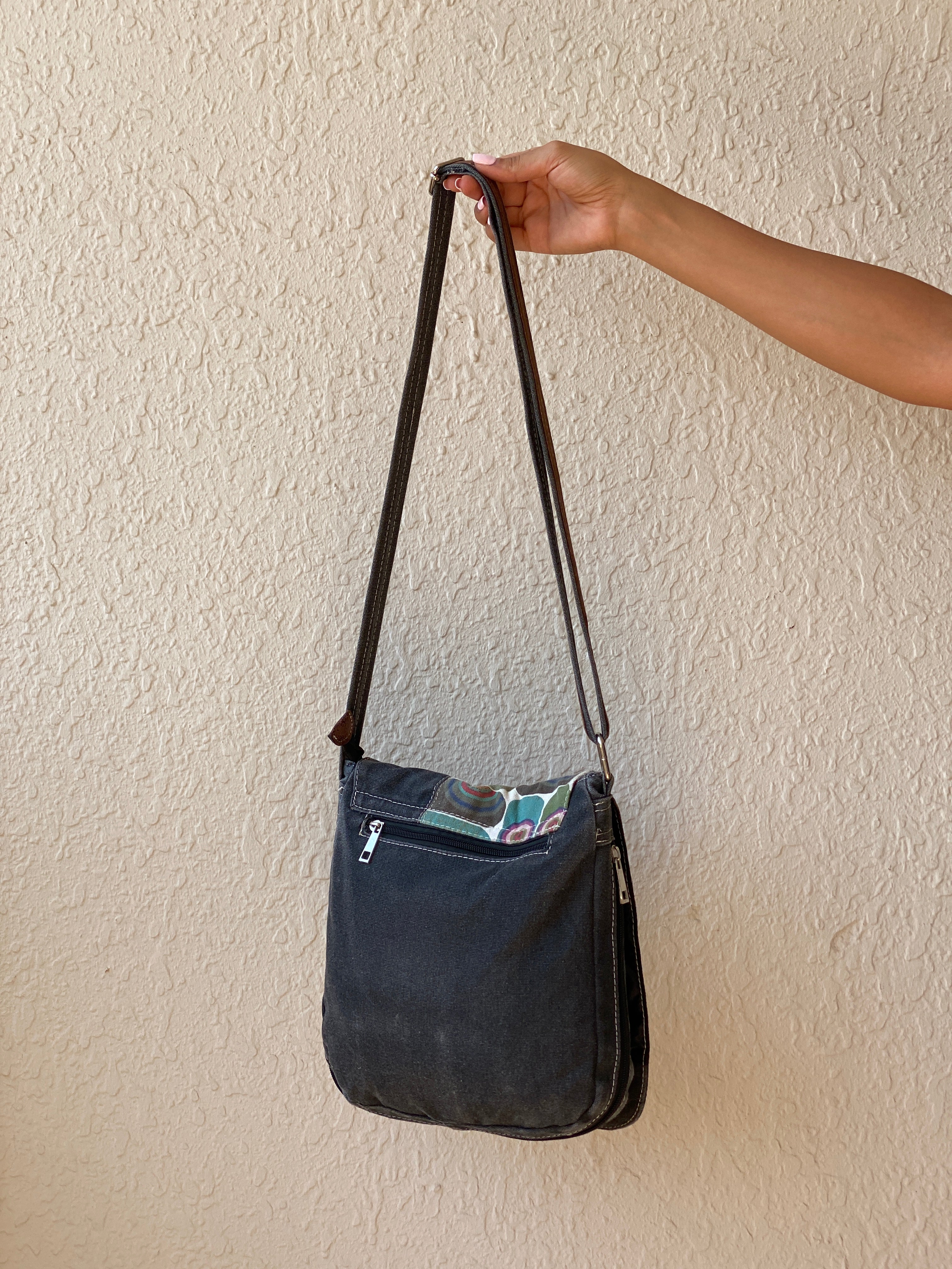 Y2K Cessaci Patchwork Denim Crossbody Bag with Embroidered Details