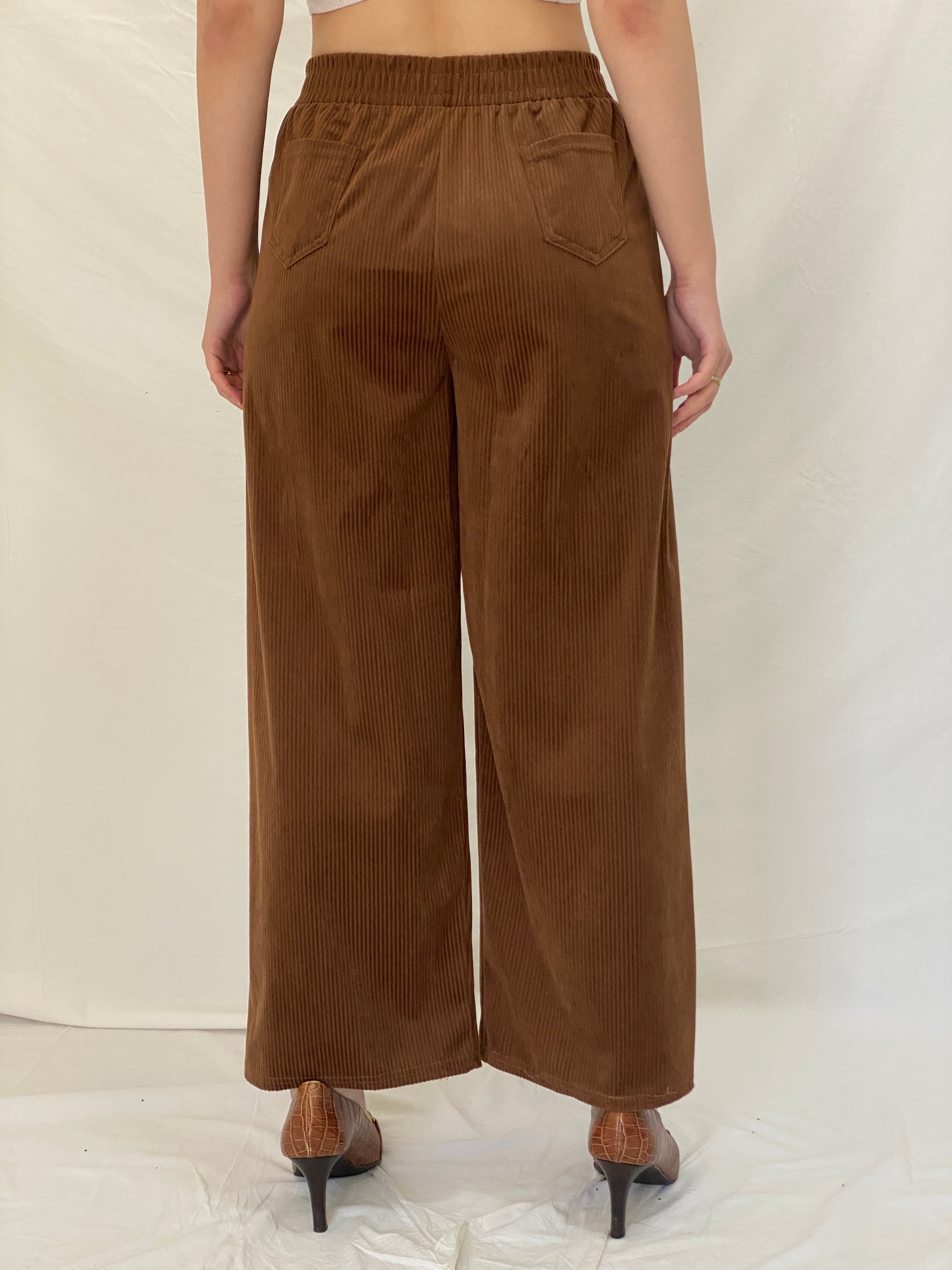 Handmade Brown Corduroy Pants Elastic Waist Trousers - M