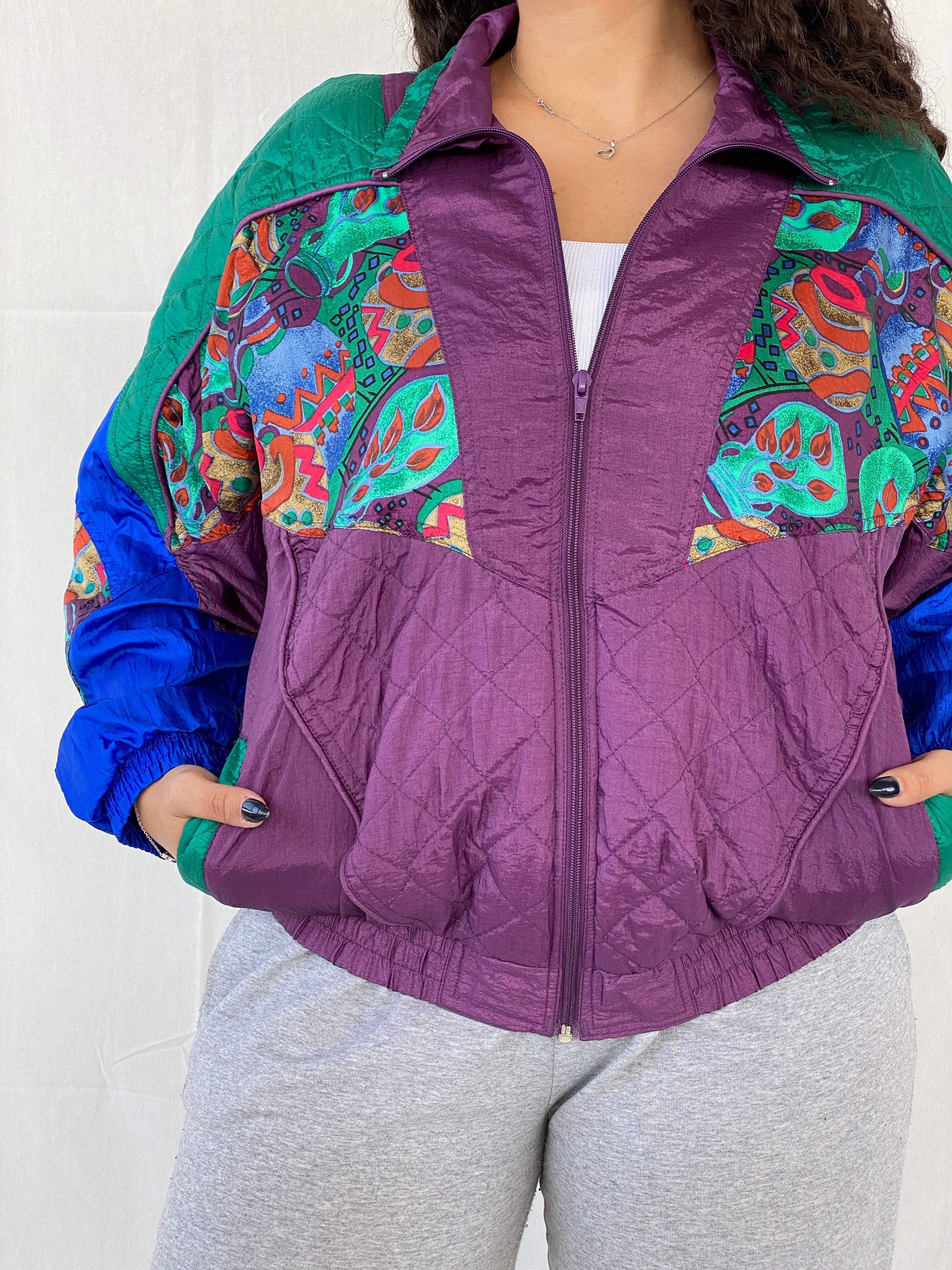 Vintage 80s/90s Active Studio by Div Rousso Quilted Green & Purple Track Windbreaker Jacket - M